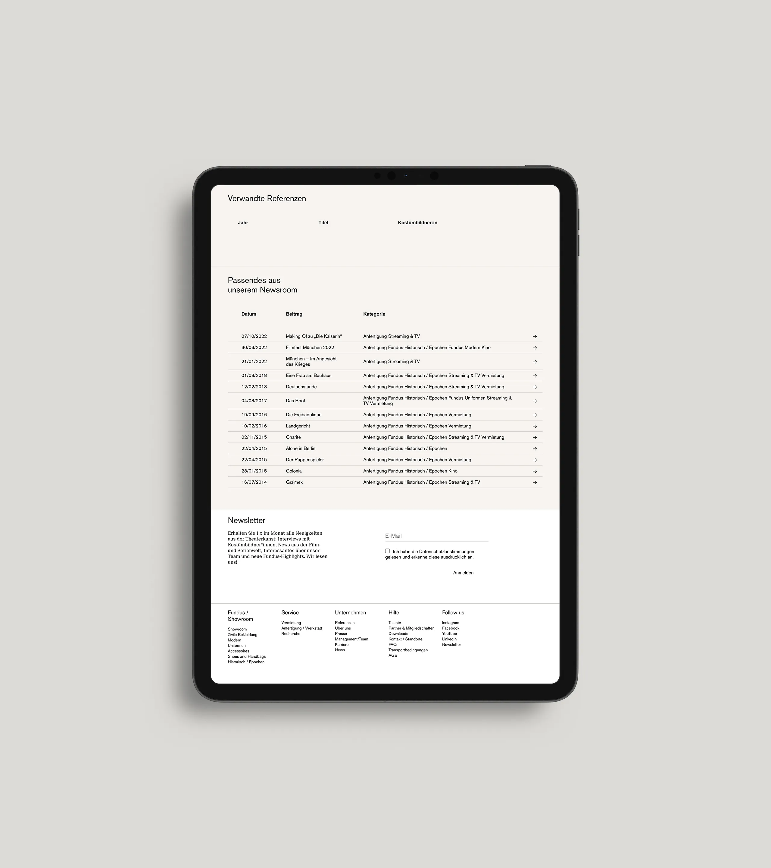 Mockup der Webseite von Theaterkunst im Tablet Format.