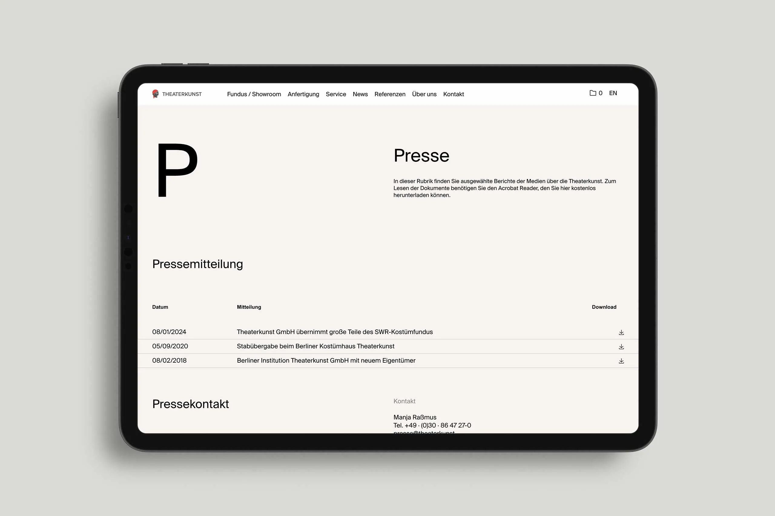 Mockup der Presse-Seite von Theaterkunst im Tablet-Format.