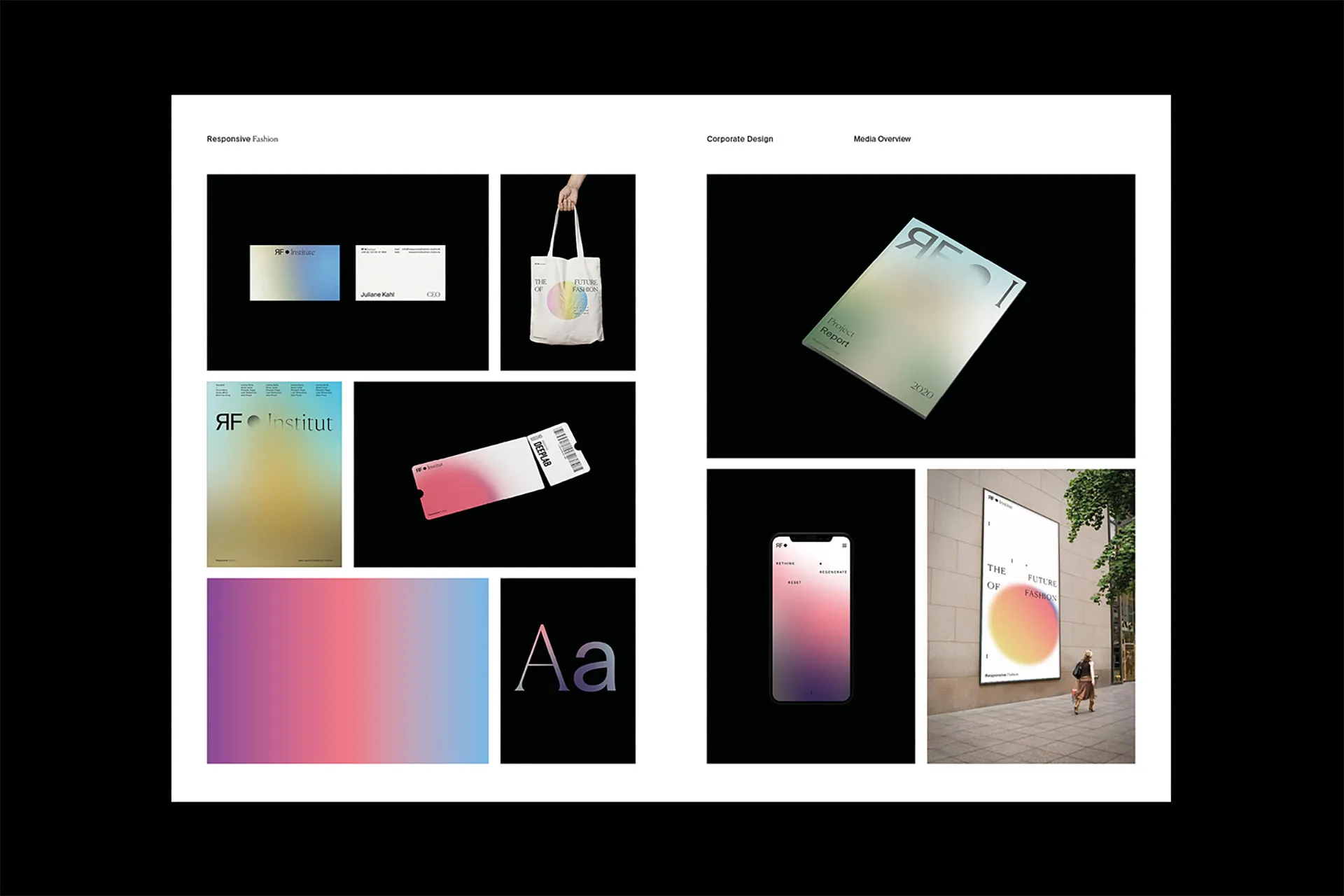 Mockups für eine Visitenkarte (Vorder- und Rückseite), eines Jutebeutels, eines Magazincovers, eines Posters, einer Eintrittskarte, einer Reklamewand, eines Webscreens in mobile Ansicht und des Key Visuals für das Responsive Fashion Institute.