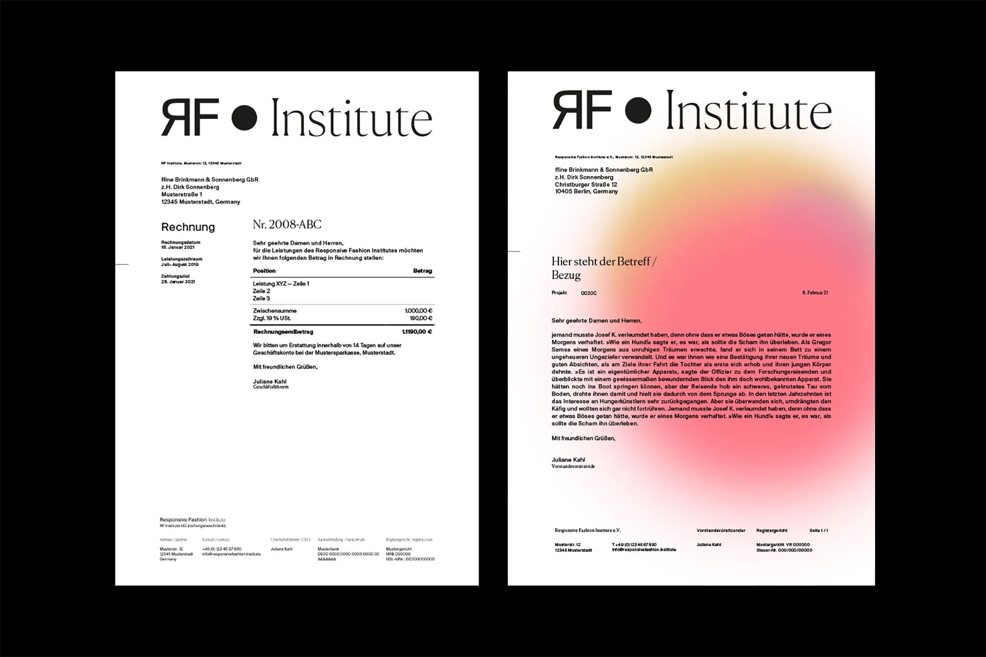 Mockup eines Briefbogens und eines Rechnungsbogens im Corporate Design des Responsive Fashion Institutes.