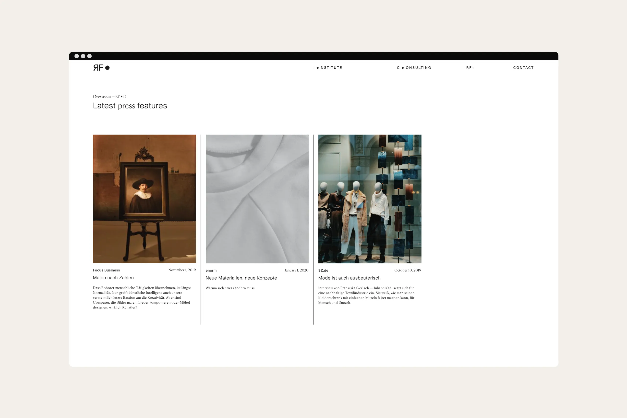 Mockup der Newsseite des Responsive Fashion Institutes im Desktop Format.