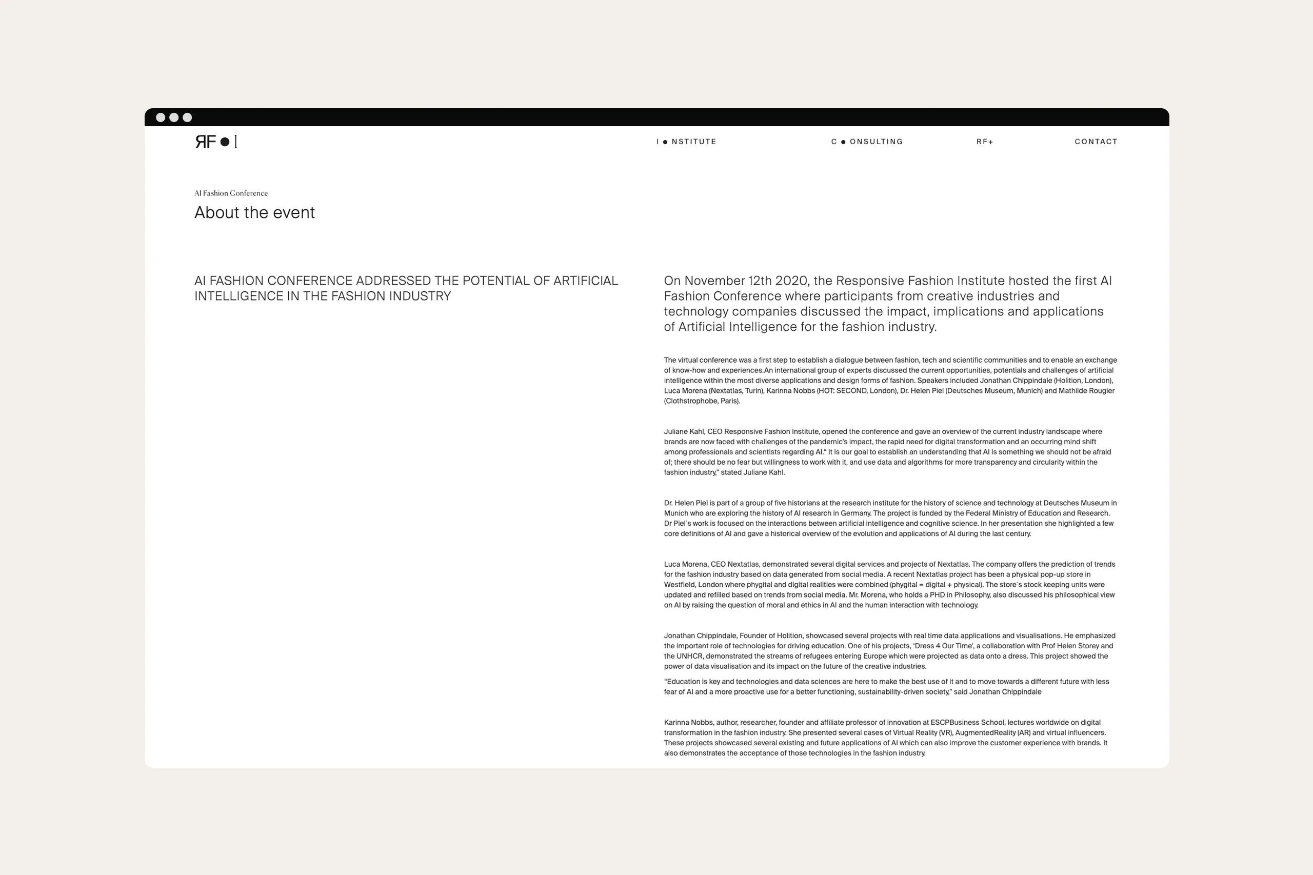 Mockup der Kontaktseite des Responsive Fashion Institutes im Desktop Format.