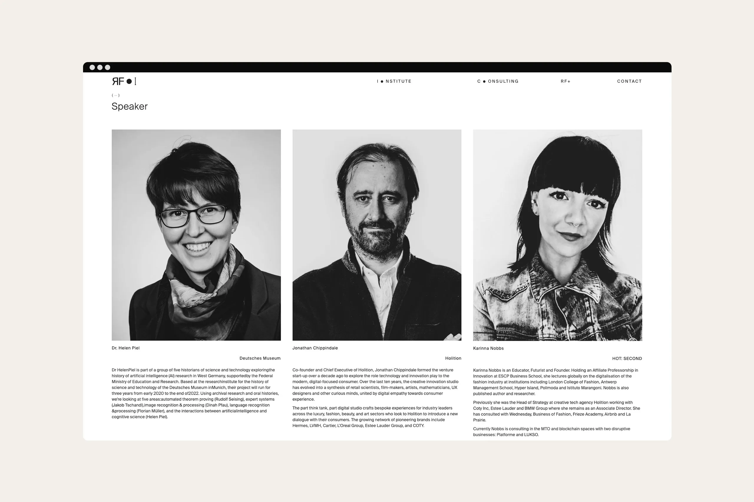 Mockup der Speakerseite des Responsive Fashion Institutes im Desktop Format mit Fotos der einzelnen Speaker.
