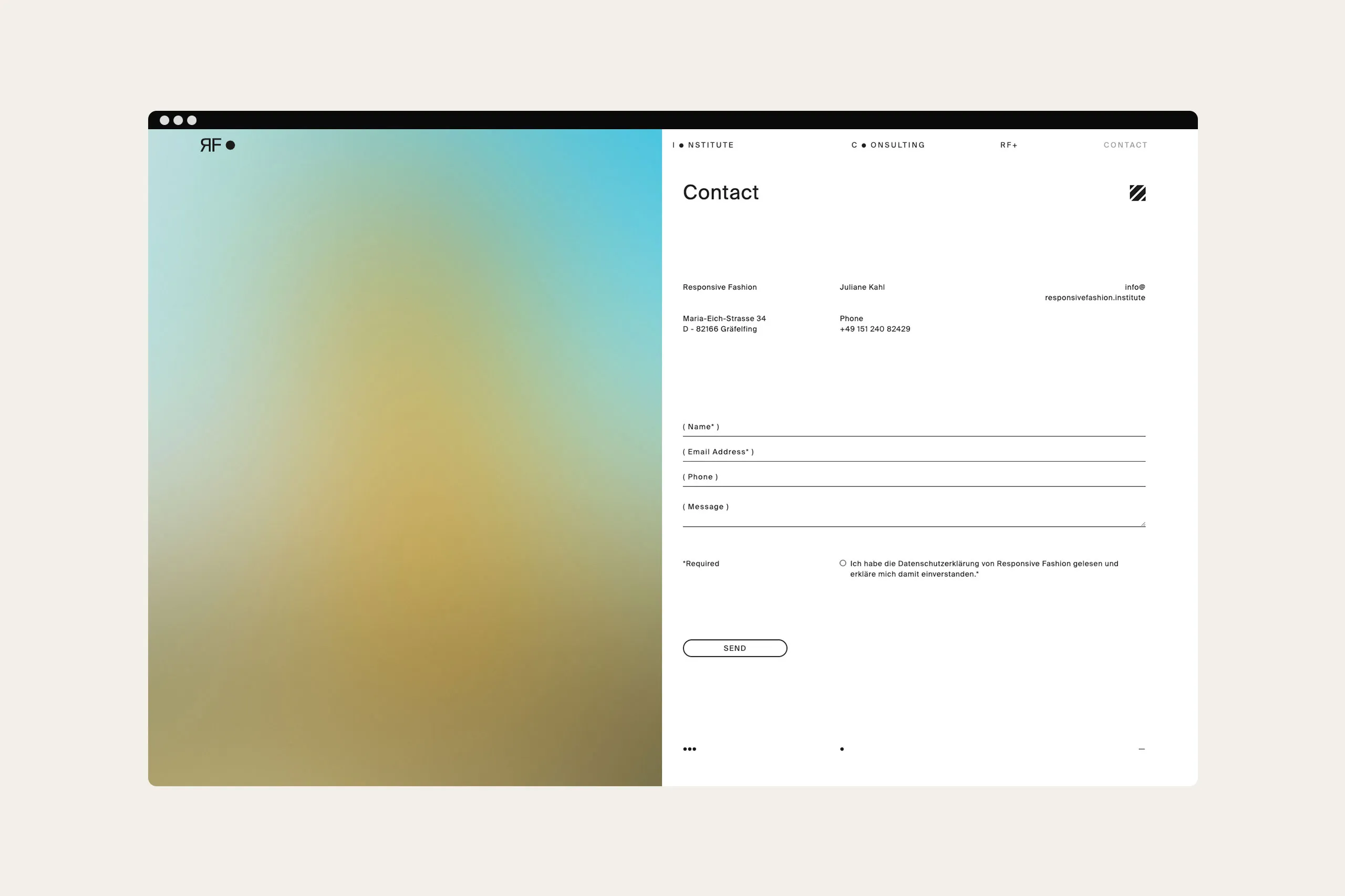 Mockup der Kontaktseite des Responsive Fashion Institutes im Desktop Format.