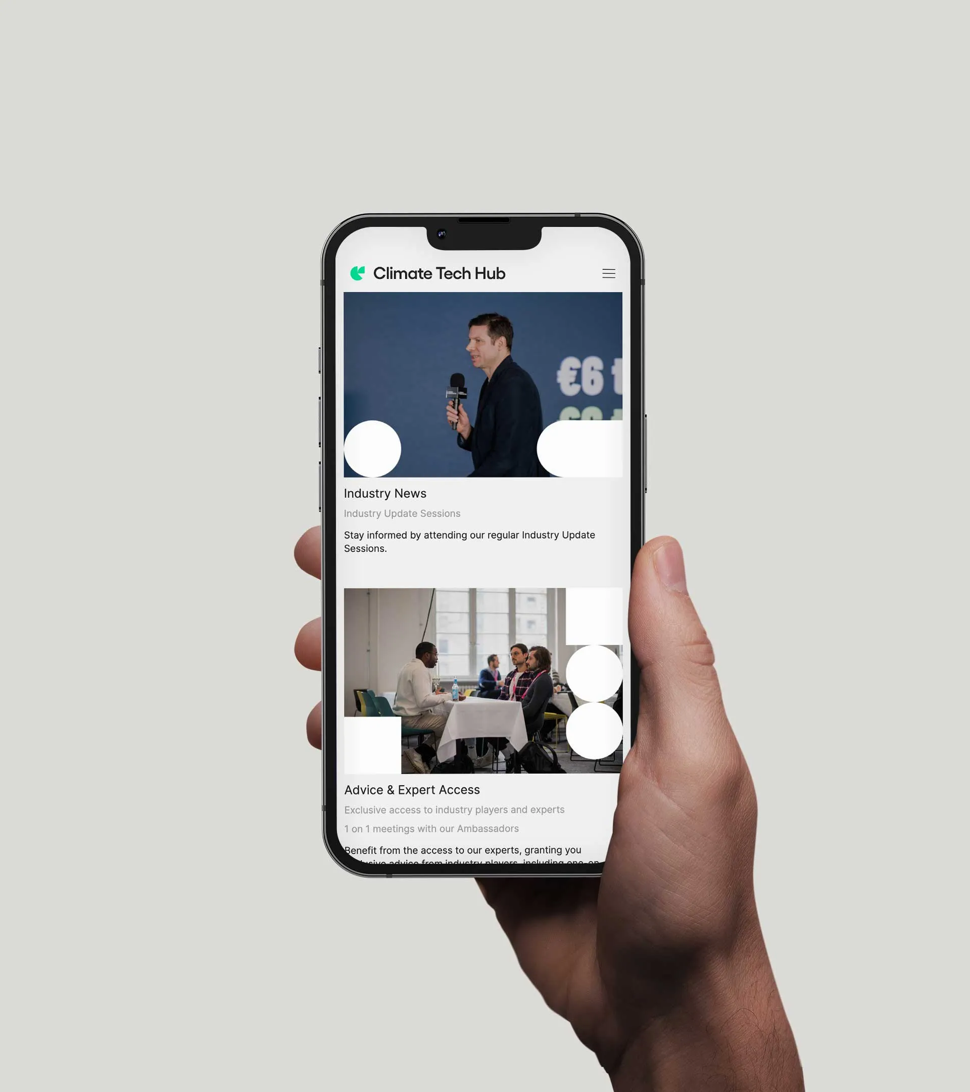 Mockup Webseite von Climate Tech Hub im Mobile Format.