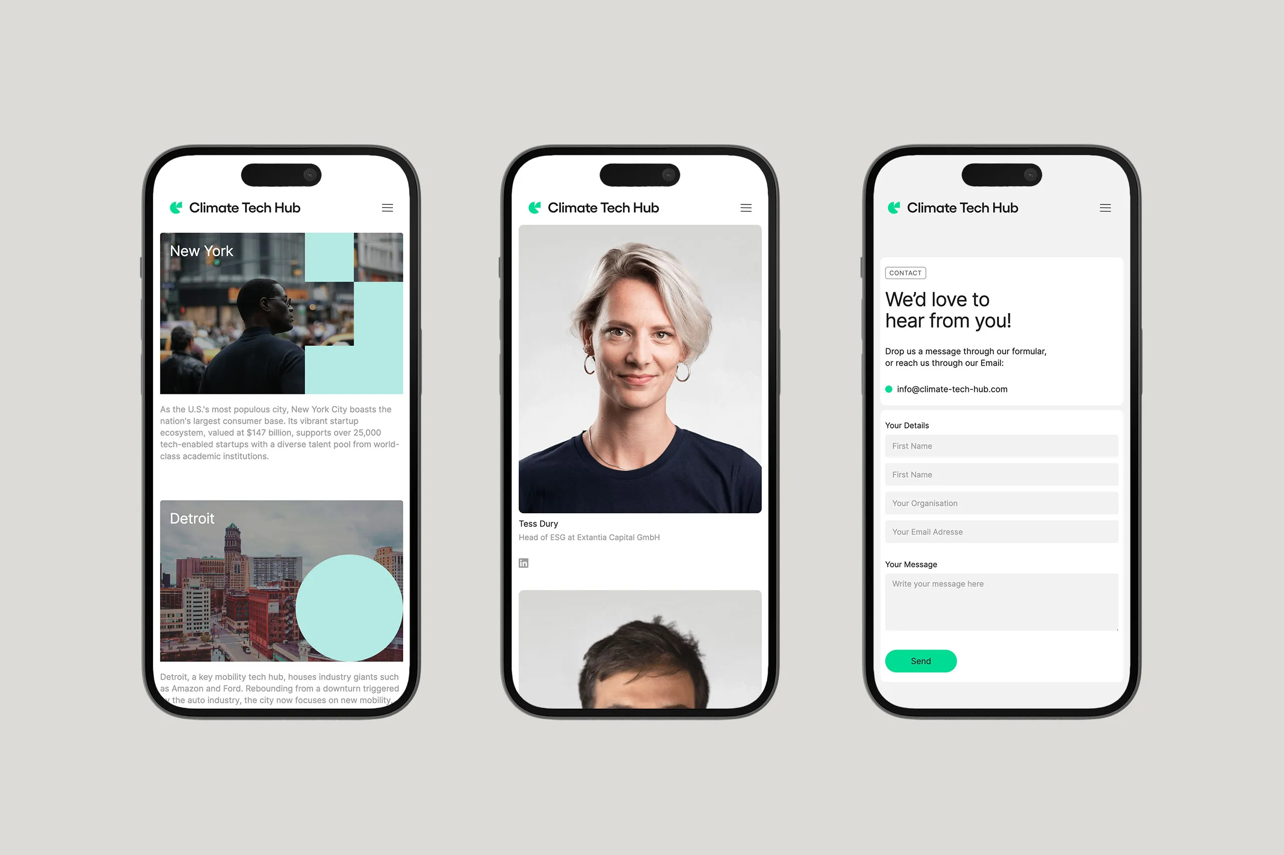 Drei unterschiedliche Mockups Webseite von Climate Tech Hub im Mobile Format.