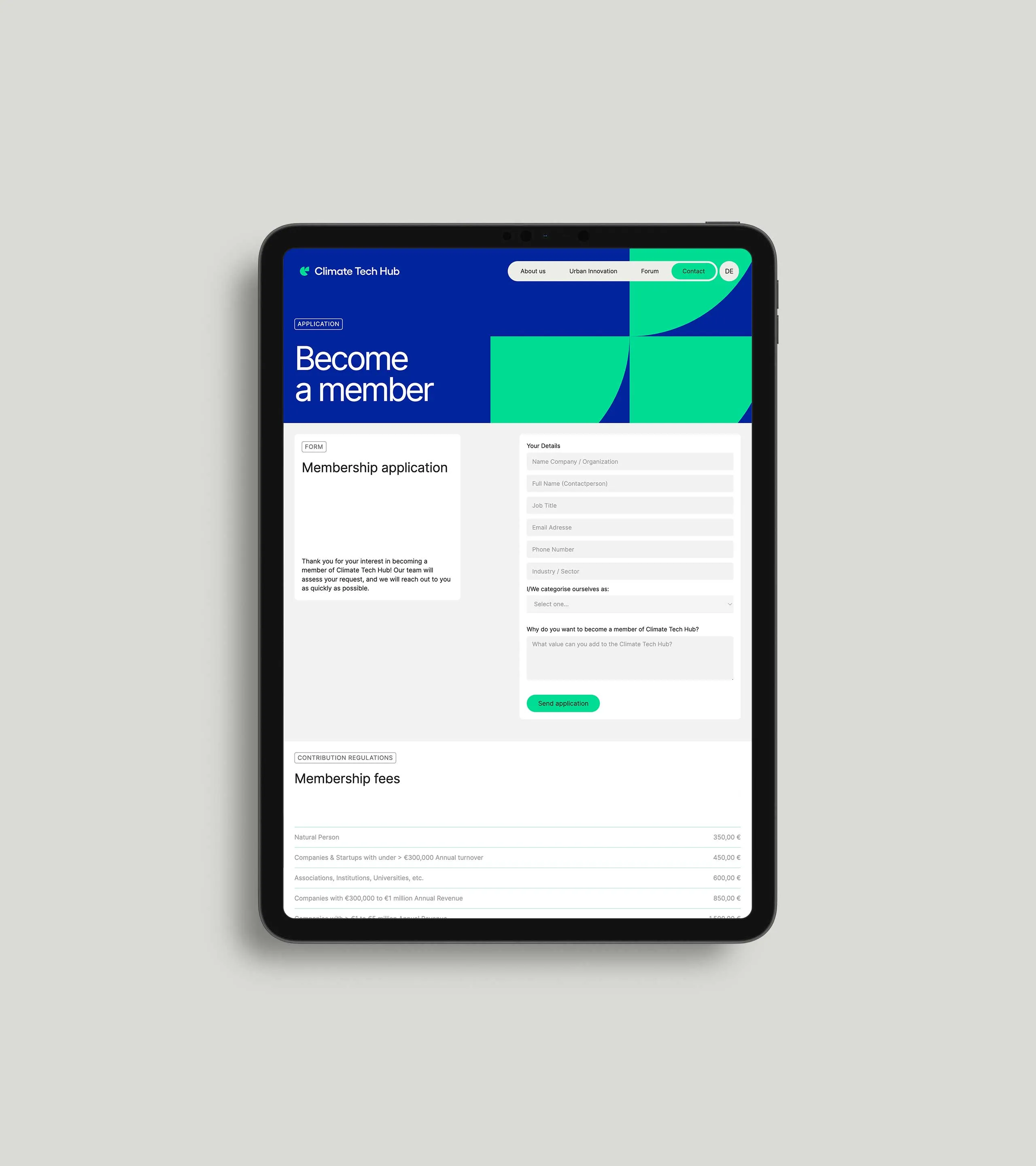 Mockup Webseite von Climate Tech Hub im Tablet Format.