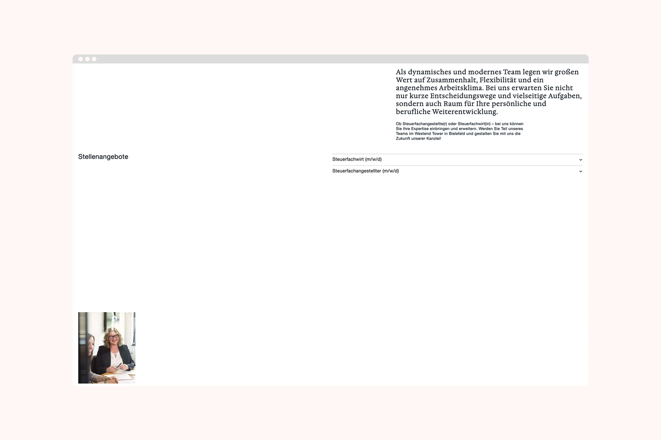 Mockup der Stellenübersichtsseite von Tietz&Partner im Desktop Format.