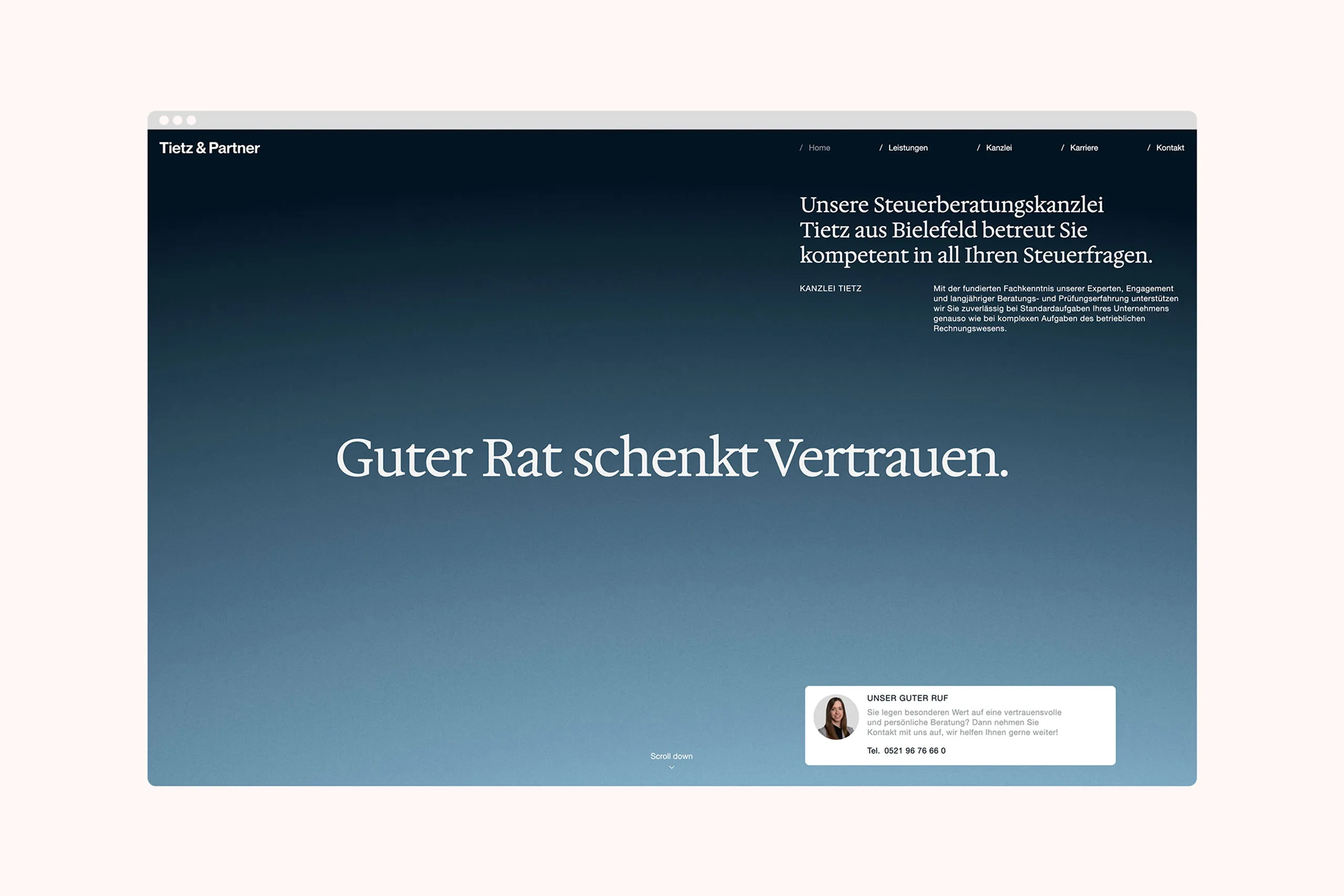 Mockup der Homepage von Tietz & Partner mit Slogan "Guter rat schenkt Vertrauen." im Desktop Format.