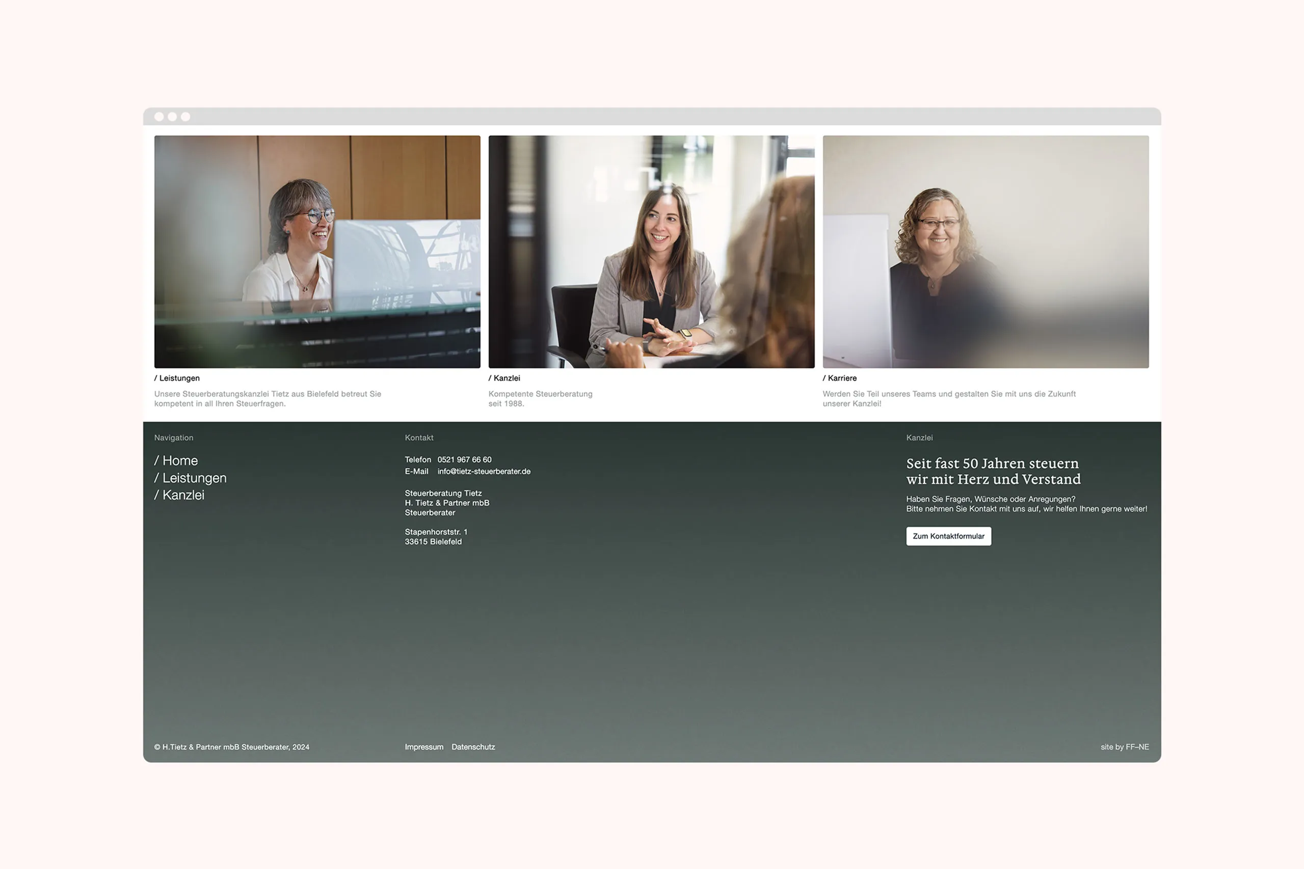 Mockup der Internetseite von Tietz & Partner im Desktop Format mit drei Fotos im Bürokontext.