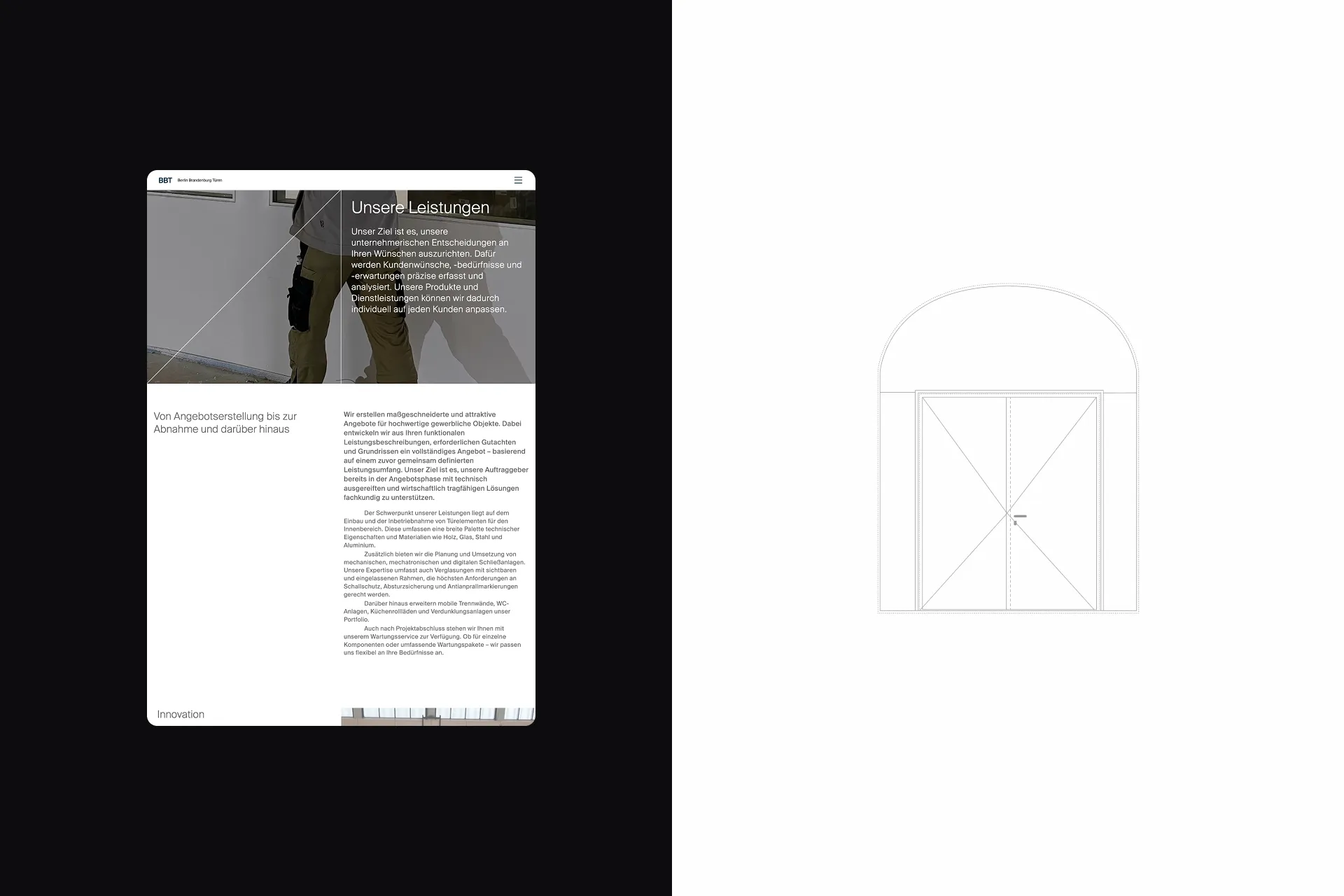 Mockup der Leistungsseite von BBT im Tablet Format. Daneben Technische Zeichnung einer Tür.