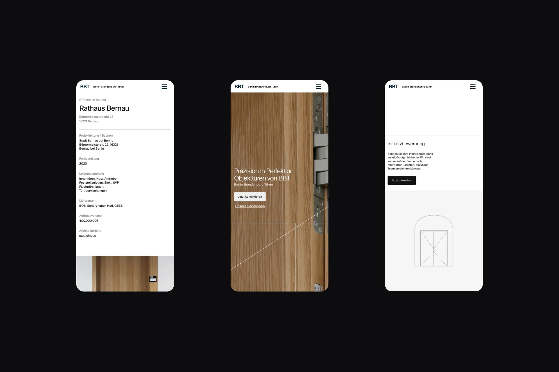 Drei unterschiedliche Mockups der Webseite von BBT im Mobile/Handy Format.