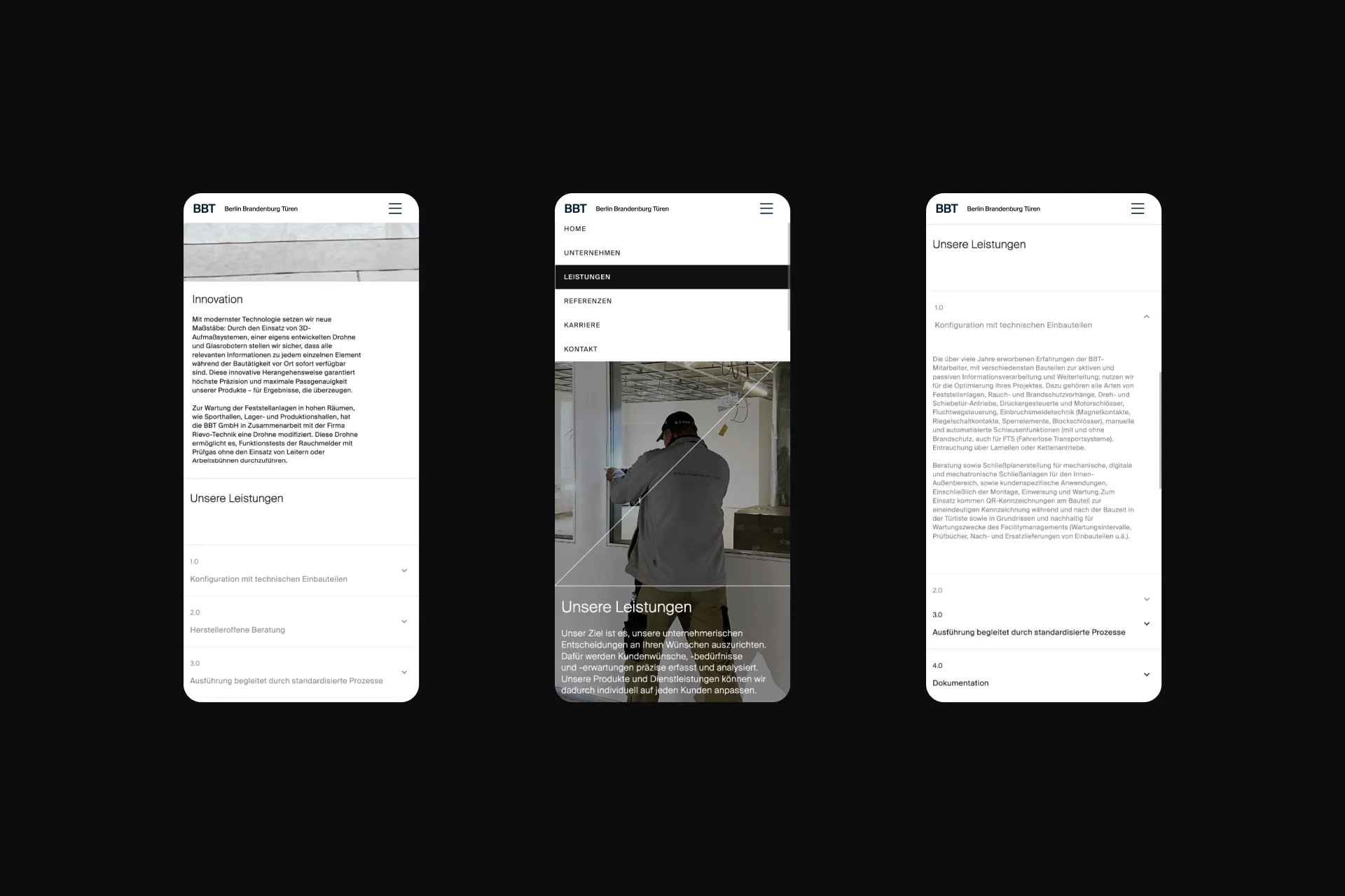 Drei unterschiedliche Mockups der Webseite von BBT im Mobile/Handy Format.