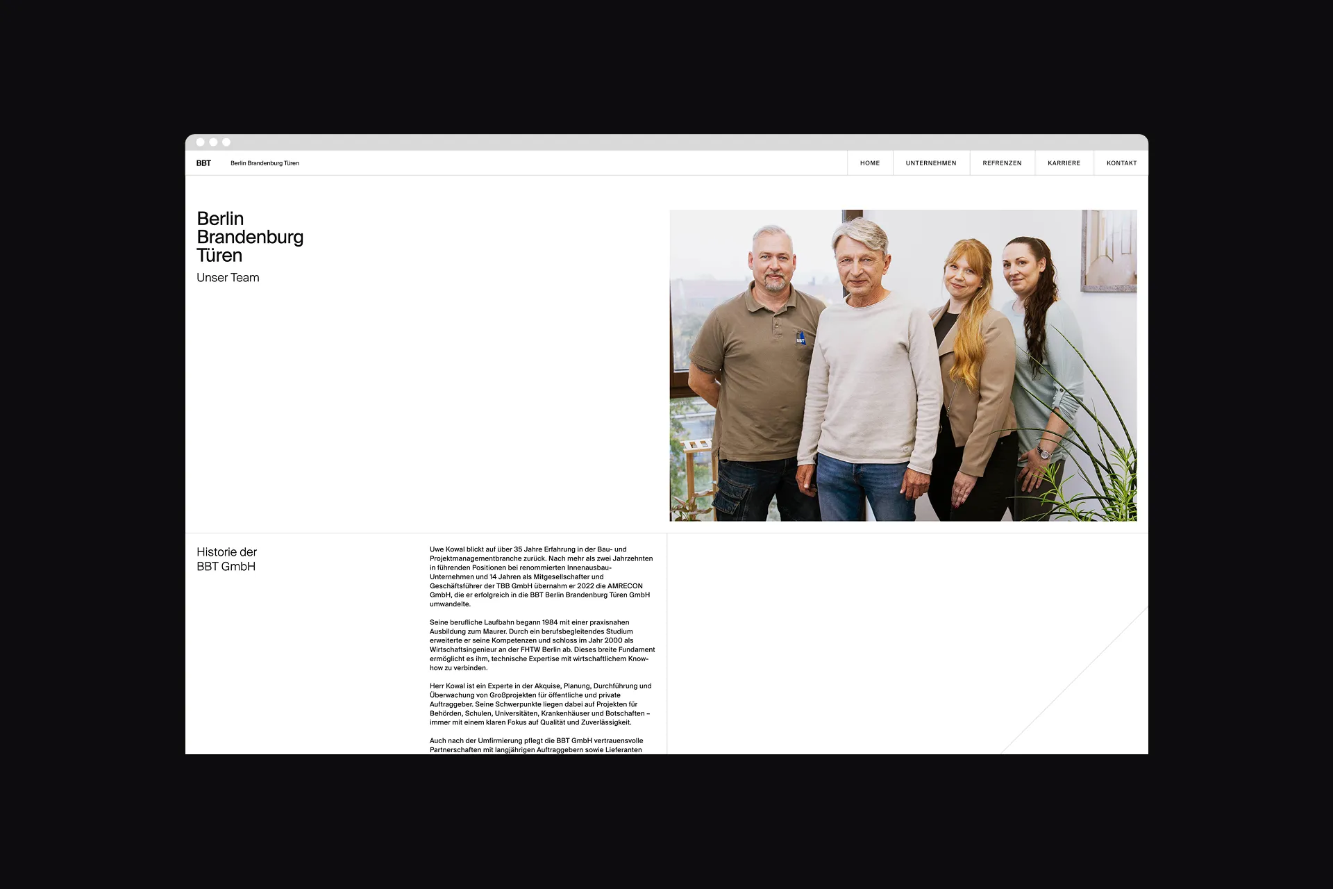 Mockup der Über uns Seite von BBT im Desktop Format.