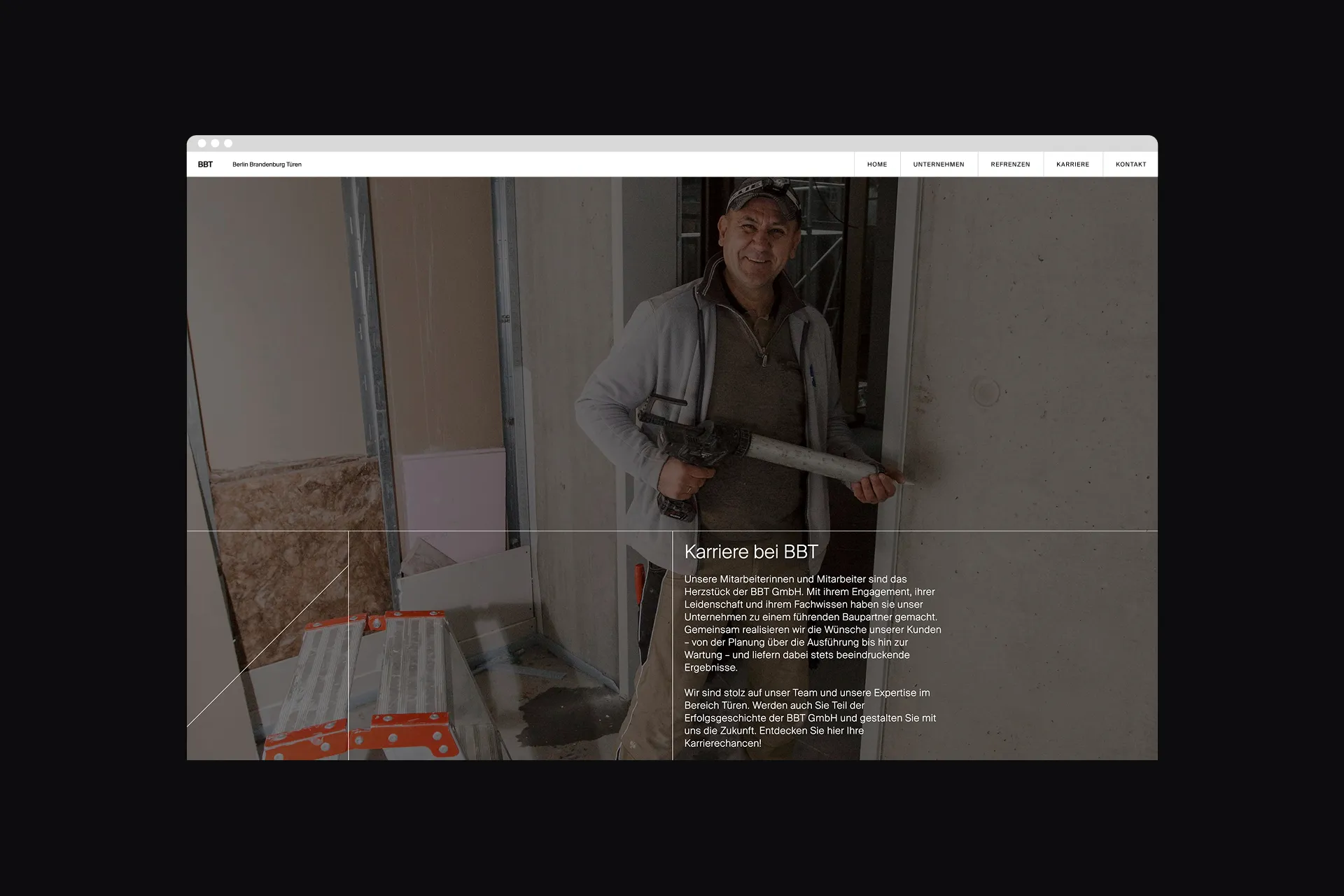 Mockup der Karriereseite von BBT im Desktop Format mit Foto eines Handwerkers bei der Arbeit.