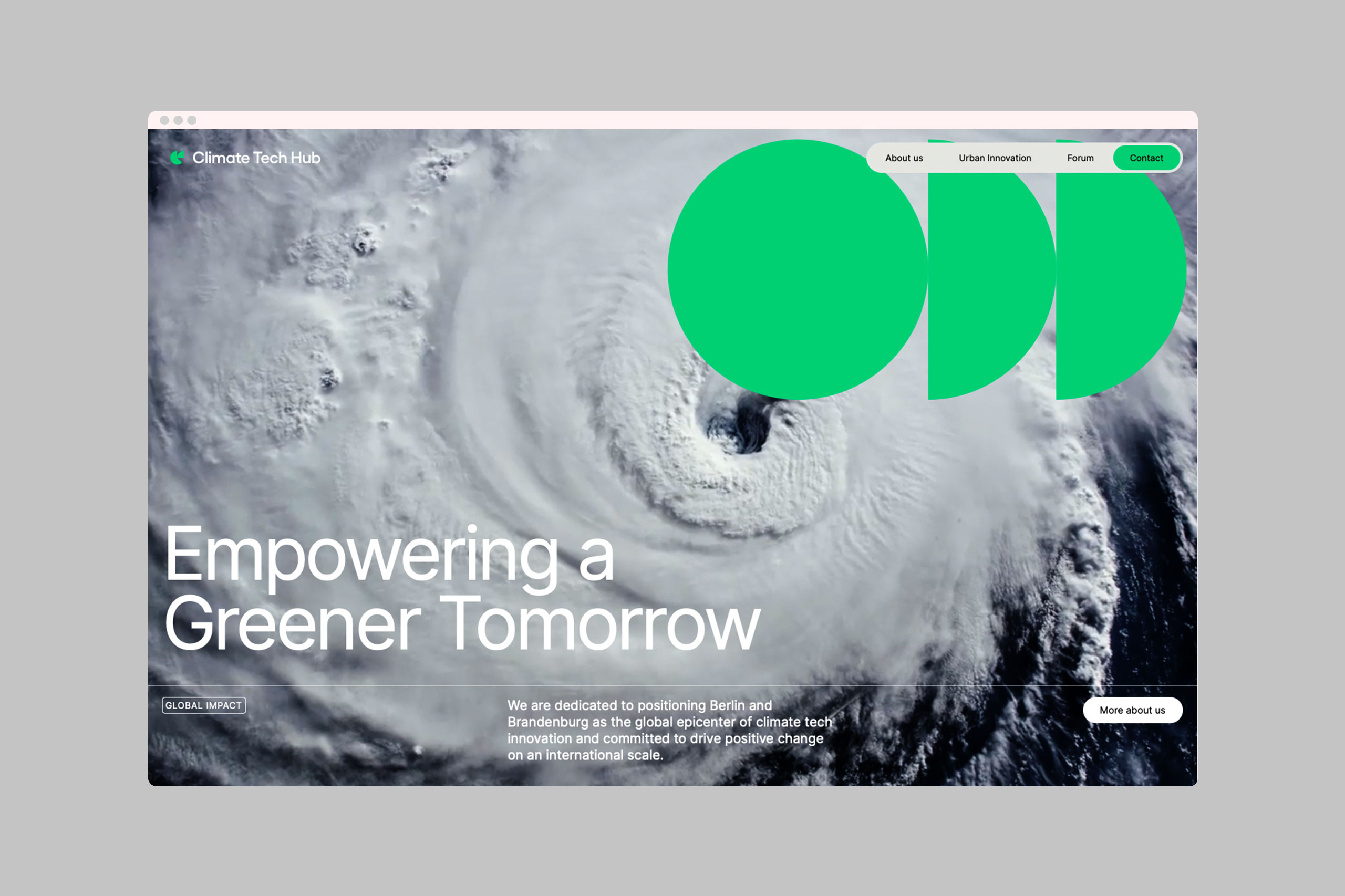 Satelitenaufnahme, darüber Key Visual und Logo von Climate Tech Hub und Zitat "Redefining urban living for a brighter more sustainable future".