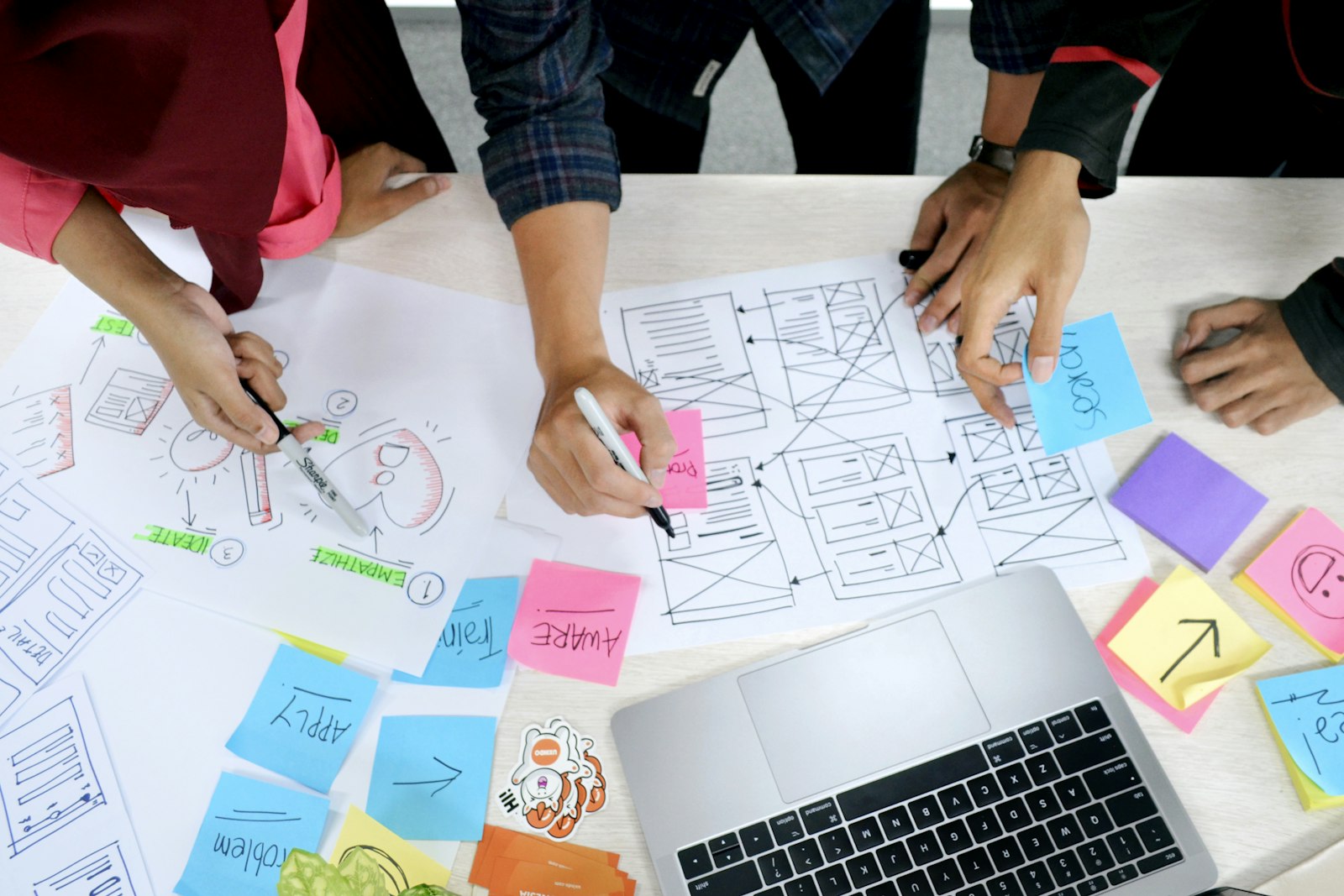Equipo trabajando sobre wireframes y notas adhesivas