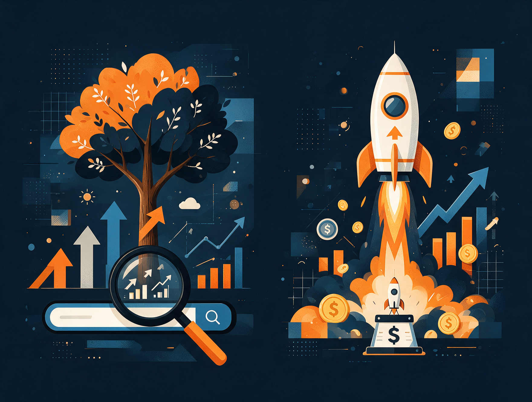 Ilustración comparando SEO y SEM: crecimiento orgánico frente a publicidad de pago