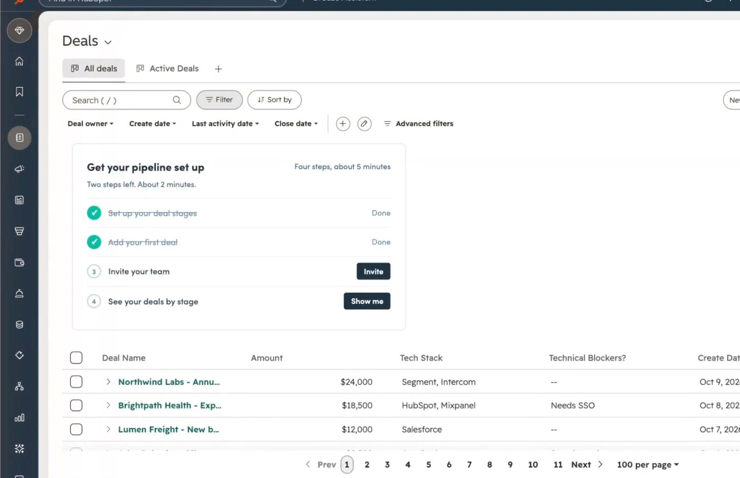 The same pipeline checklist in HubSpot, above the deals table.