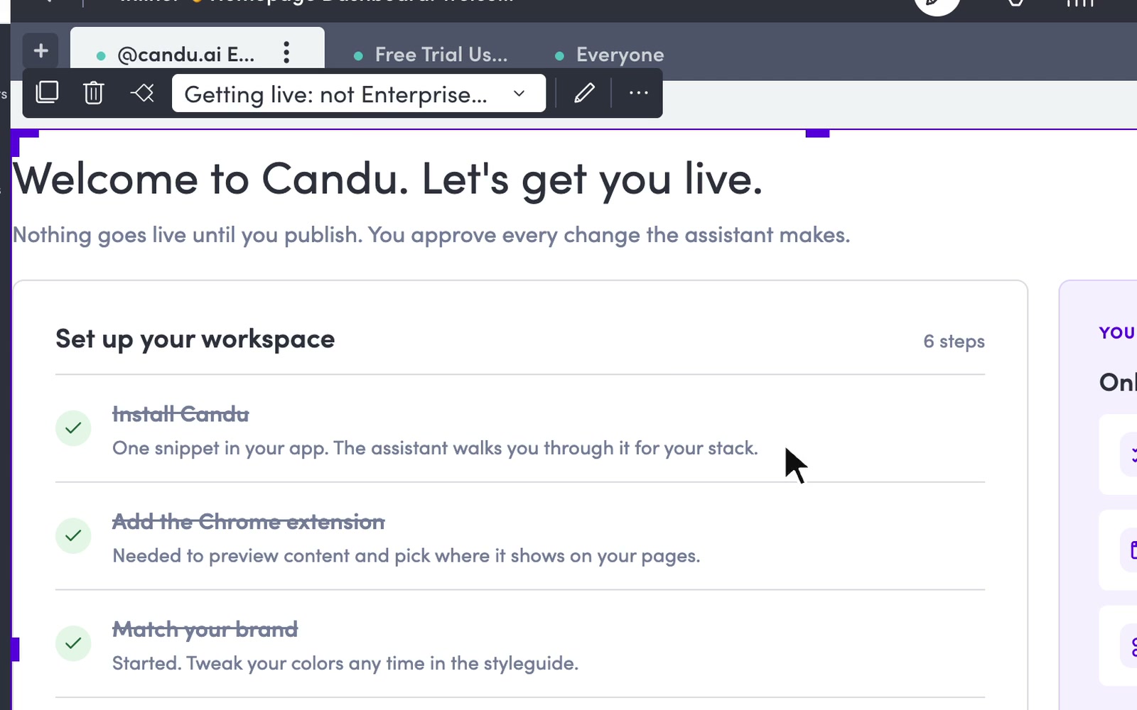 Candu editor: the block’s view picker changes from Getting live to Invited teammates.