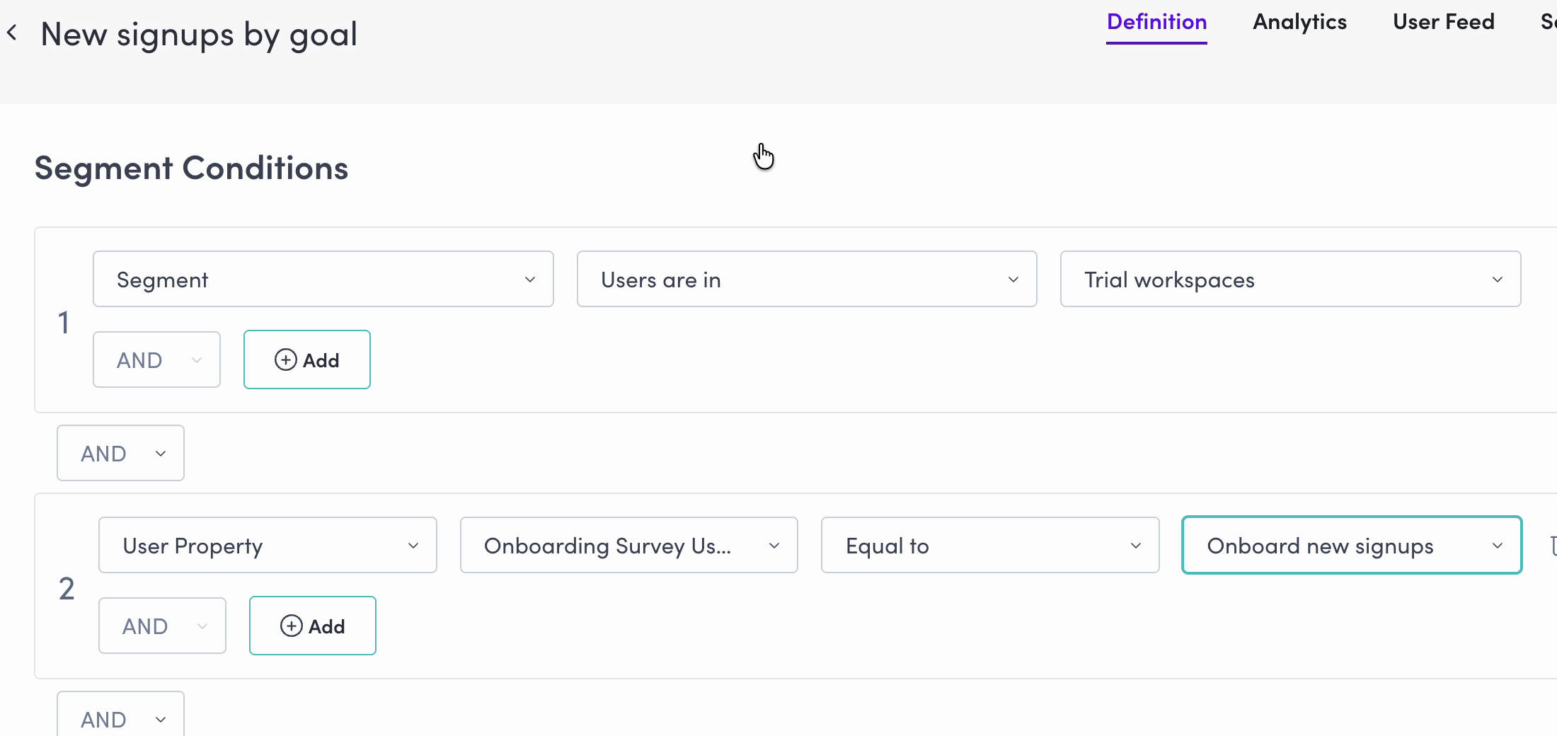 Candu segment builder with segment membership and a form-answer condition joined by AND.