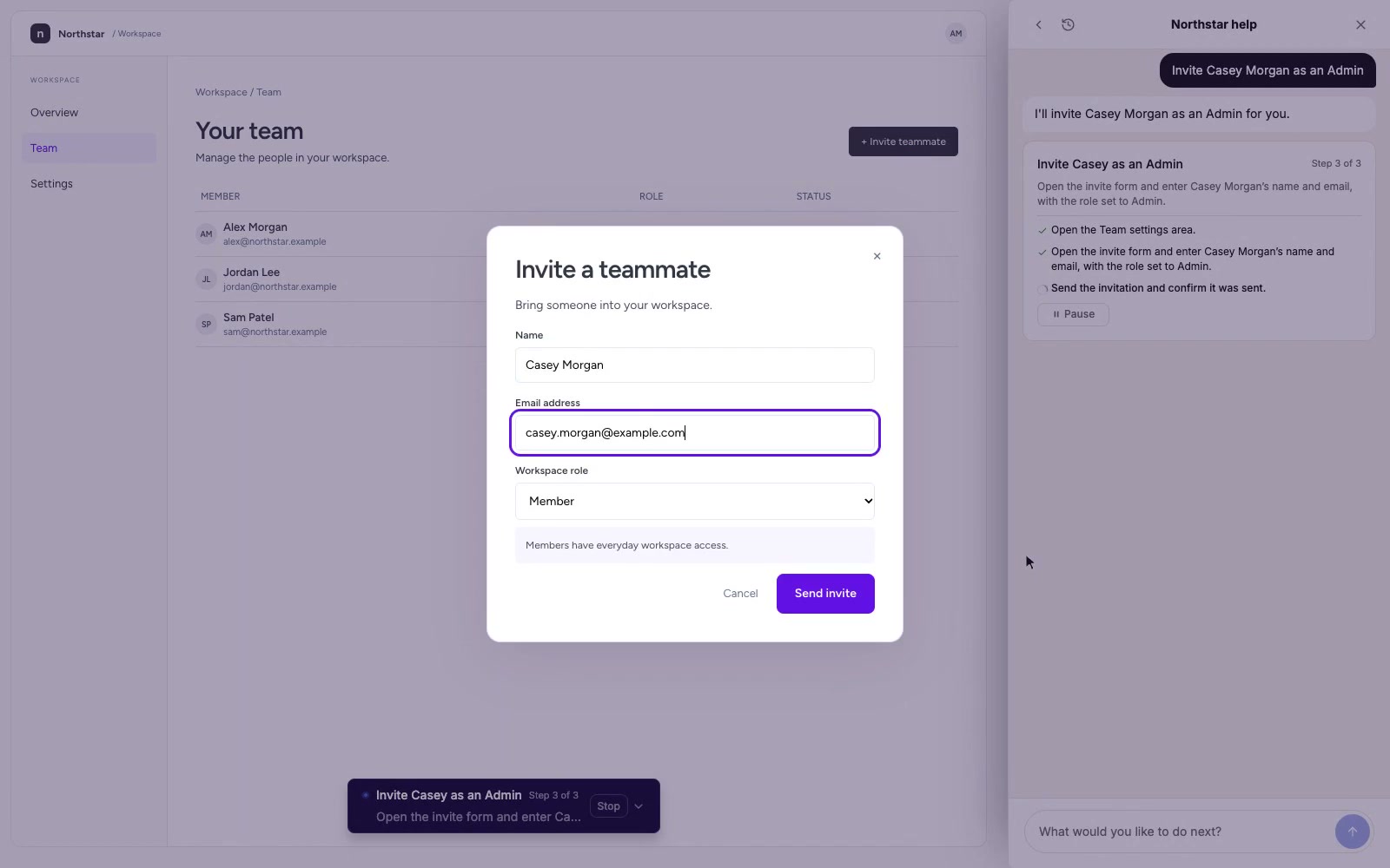 The assistant fills the invitation; the user sends, and Team lists Casey as Invited.
