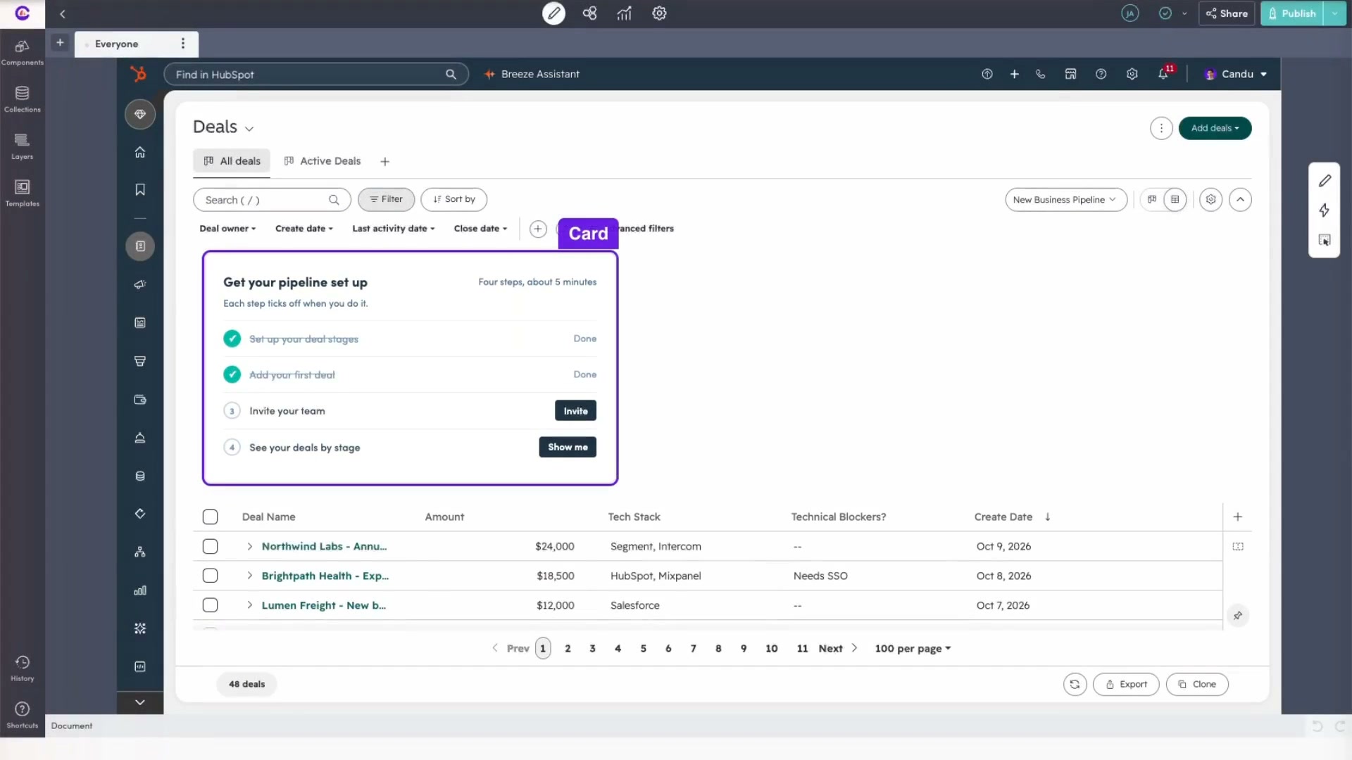 A pipeline checklist designed in Claude moves into Candu and is launched on the HubSpot Deals page.