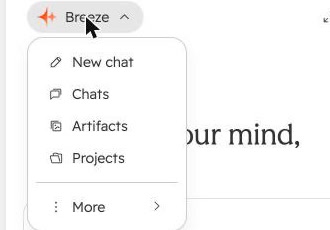 The Breeze menu: New chat, Chats, Artifacts and Projects.