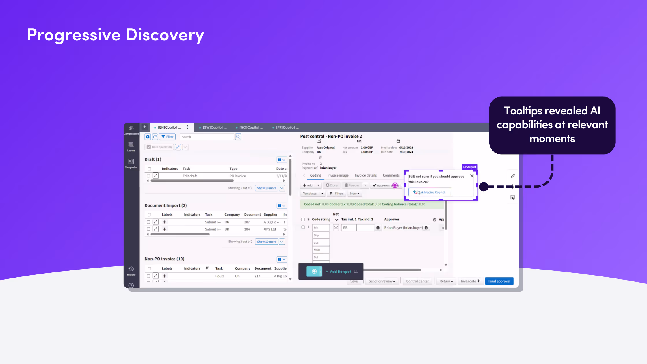 Contextual tooltip built with Candu appearing during Medius invoice approval workflow.