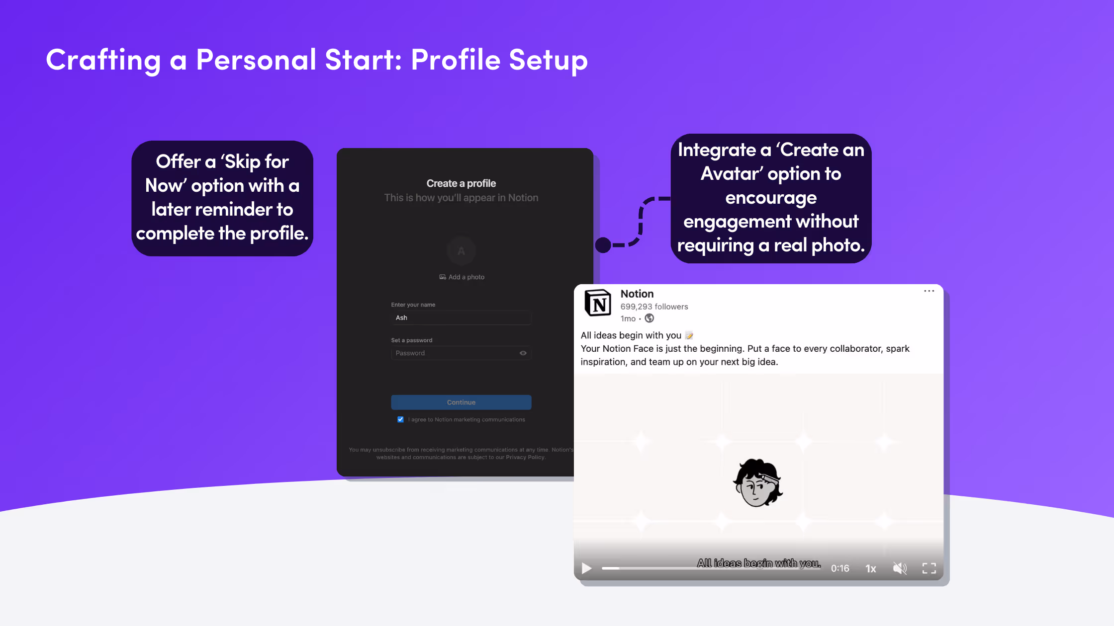 Notion profile creation screen alongside an avatar creation feature with UI callouts about skipping profile setup and avatar options.