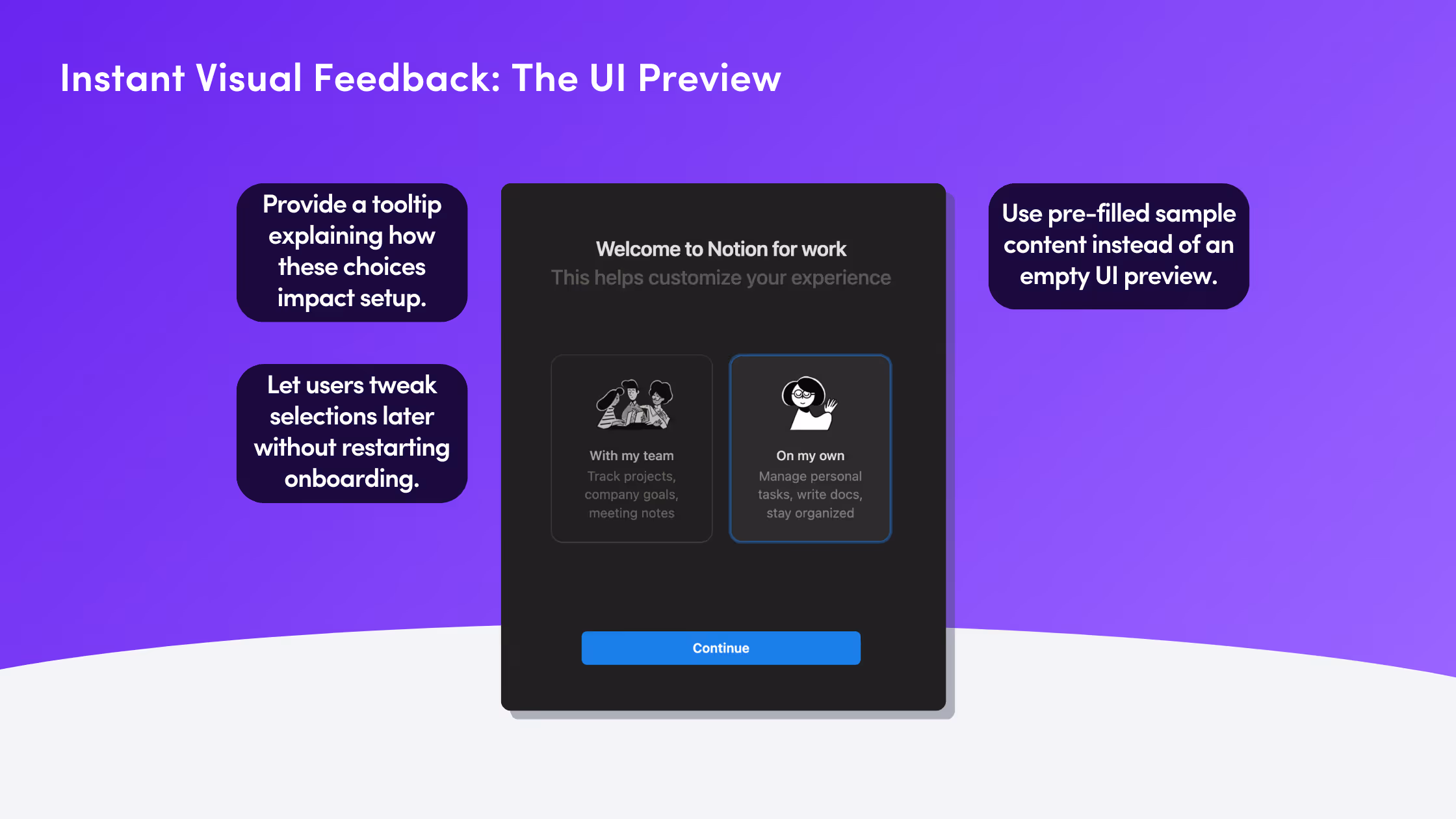 Notion welcome screen showing team vs. individual use options with UI callouts highlighting tooltips and flexibility in user selections.