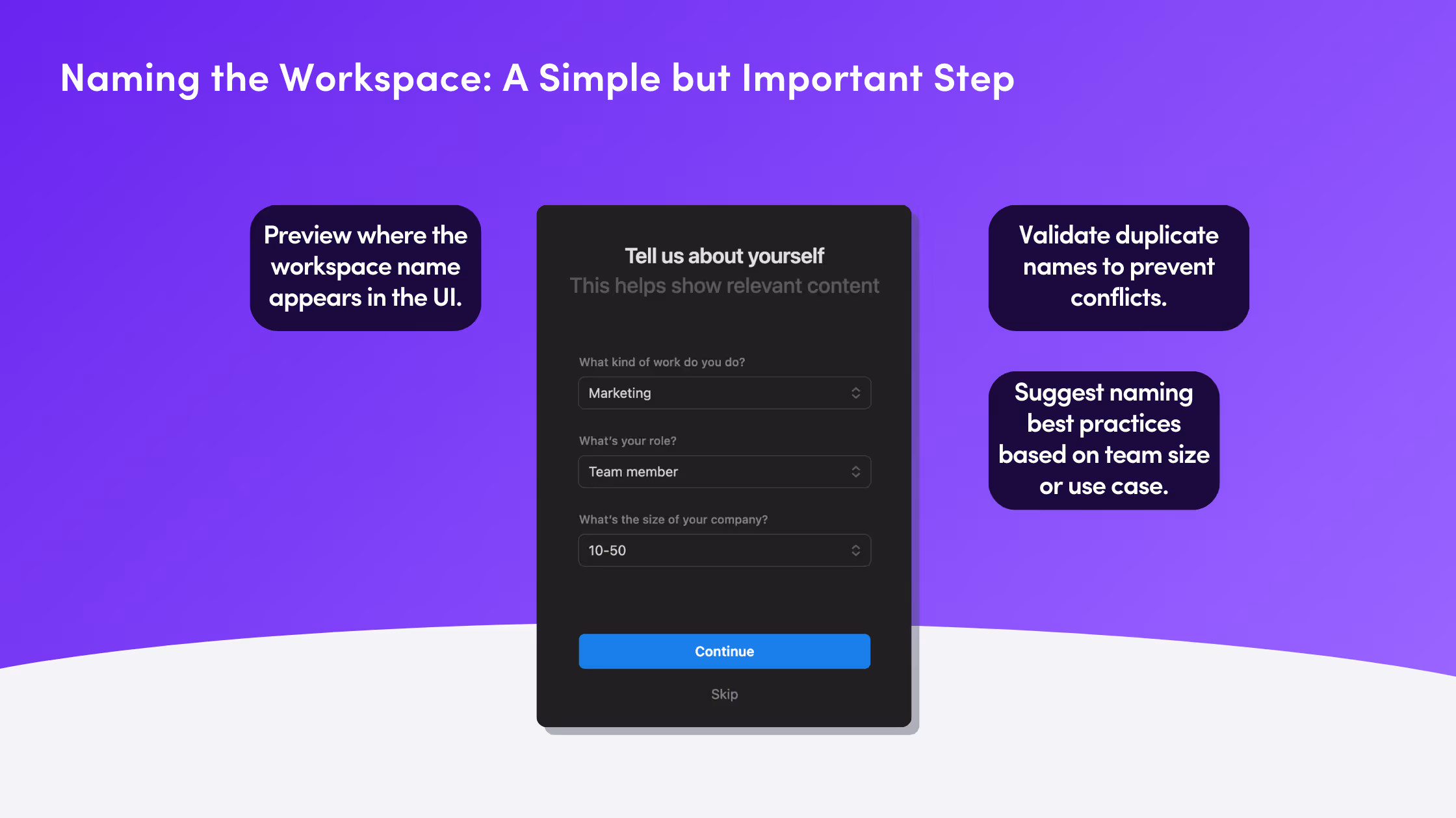 Notion workspace naming screen with a user profile setup form showing Marketing role, Team member position, and company size selection with UI callouts about workspace naming best practices