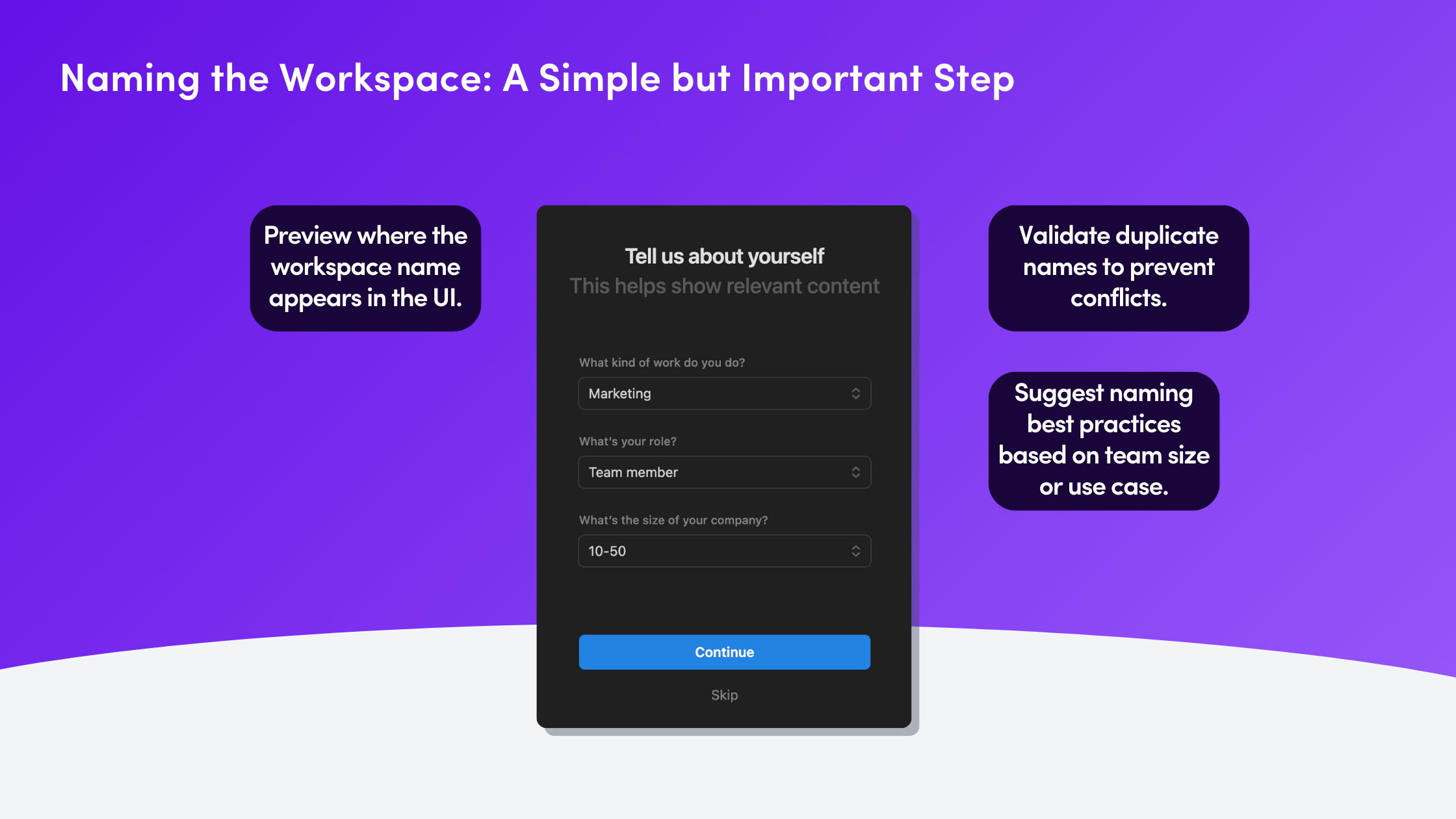 Notion workspace naming screen with a user profile setup form showing Marketing role, Team member position, and company size selection with UI callouts about workspace naming best practices