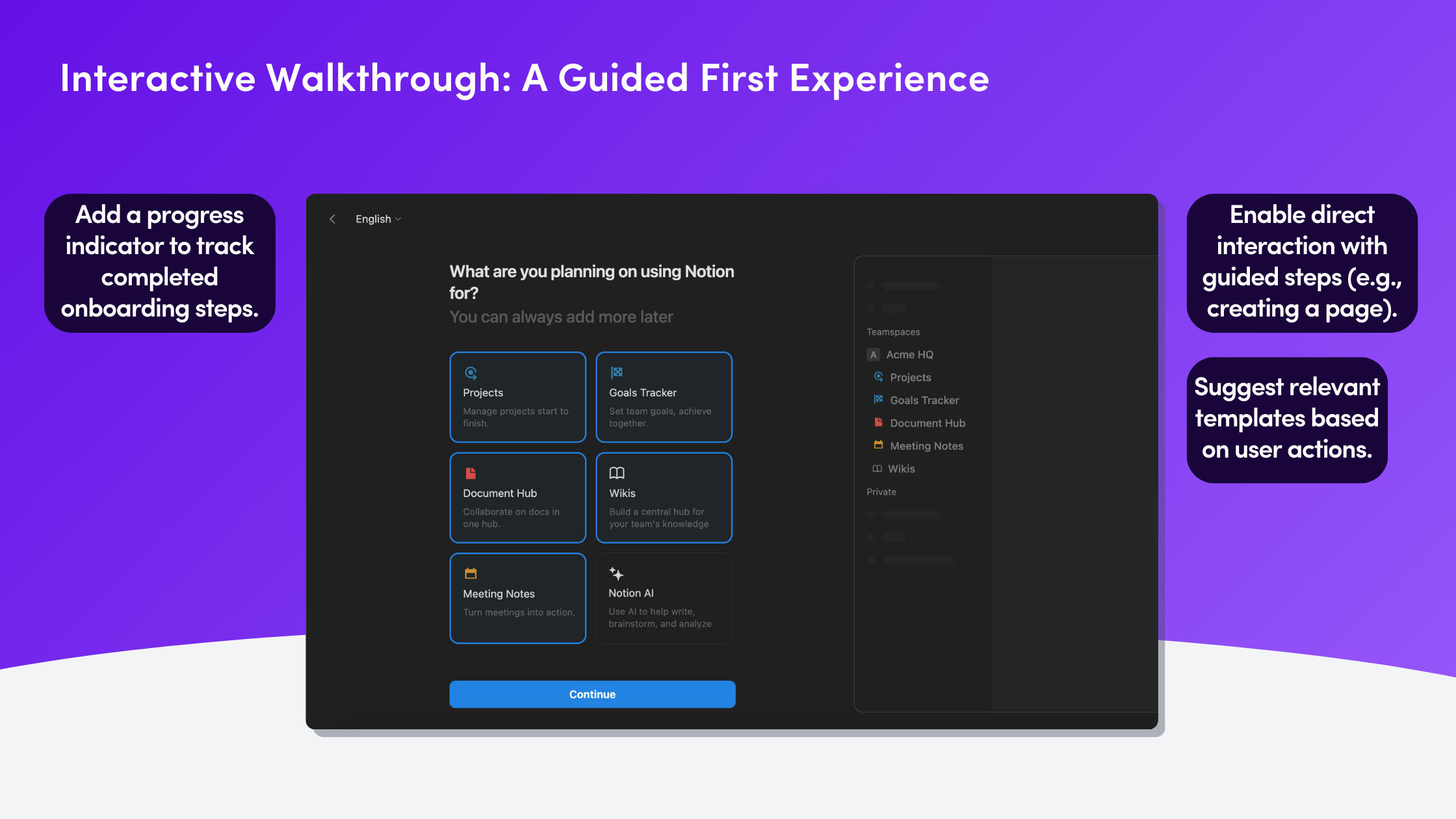 Notion onboarding screen showing template options including Projects, Goals Tracker, Document Hub, Wikis, Meeting Notes, and Notion AI with UI callouts highlighting progress tracking and interaction features.