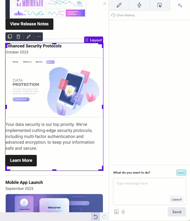 Animated GIF of Candu AI streaming its reply word-by-word while updating a banner layout in real time.