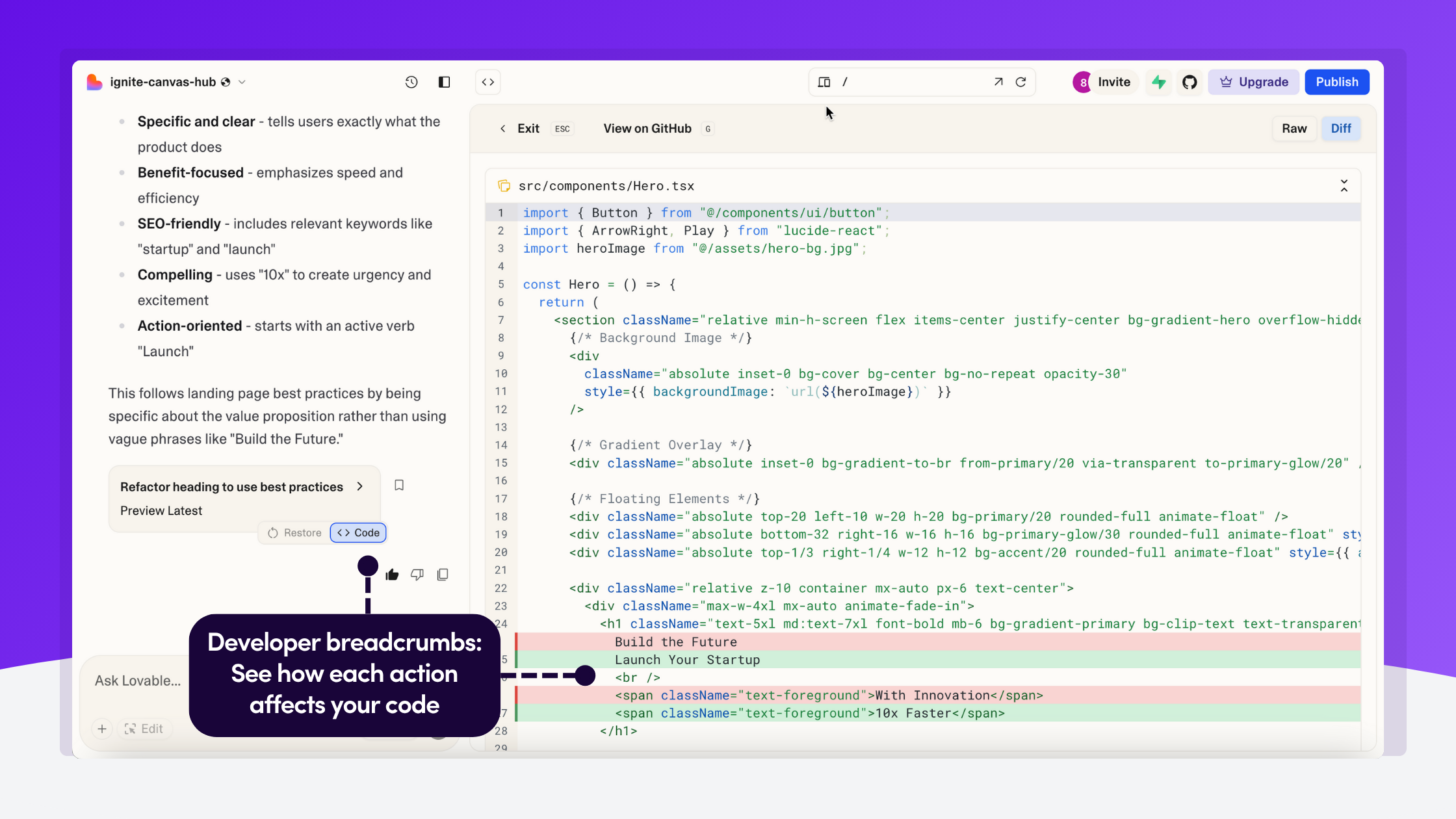 The code export button on each action.