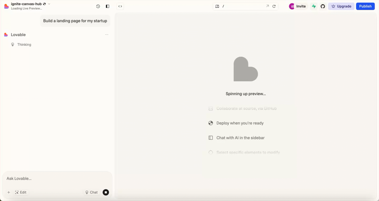 Loveable's loading screen when it starts a new project from a prompt.