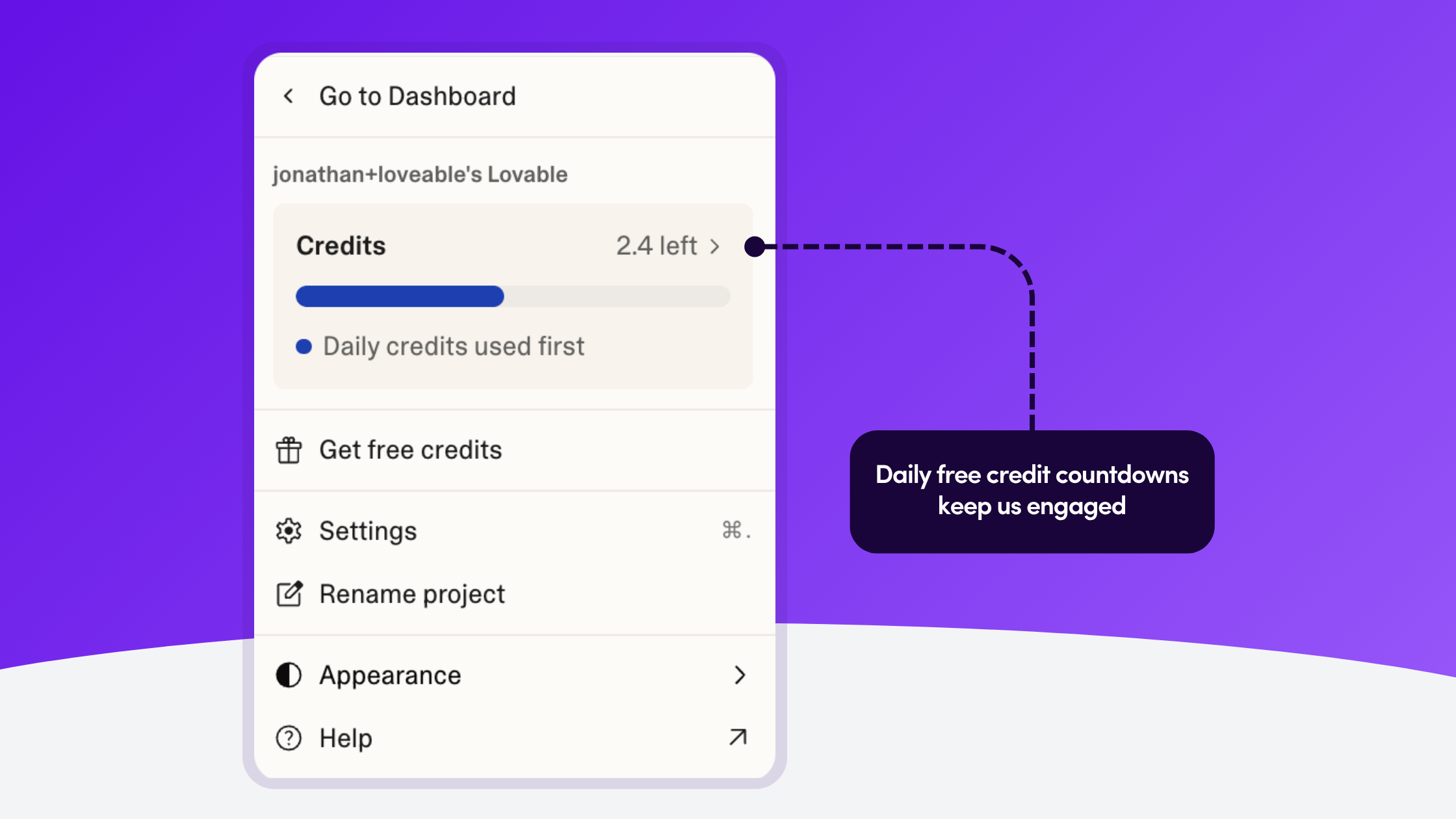 Lovable project menu showing a credits progress bar with 2.4 daily credits left and a note that daily credits are used first.