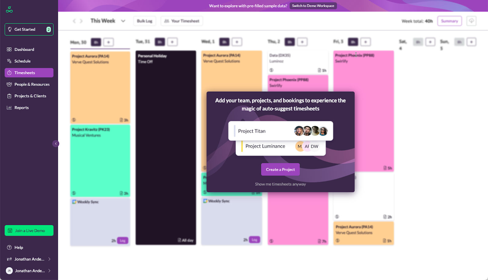 Empty state panel describing Timesheets benefits with a single call-to-action button.