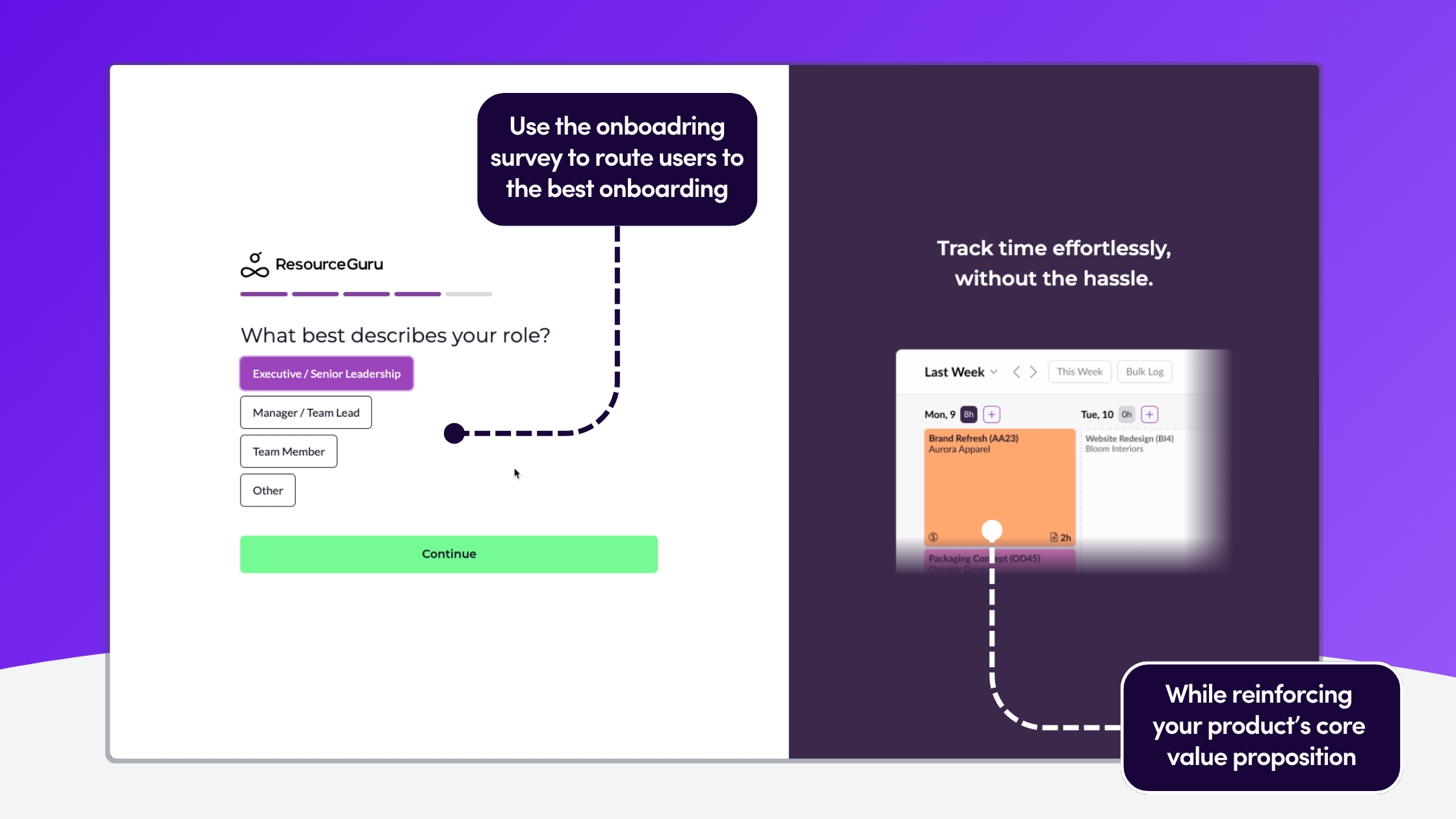 Onboarding survey with team-size question; subsequent screen offers a 1:1 demo for larger rollouts or a group session for smaller teams.