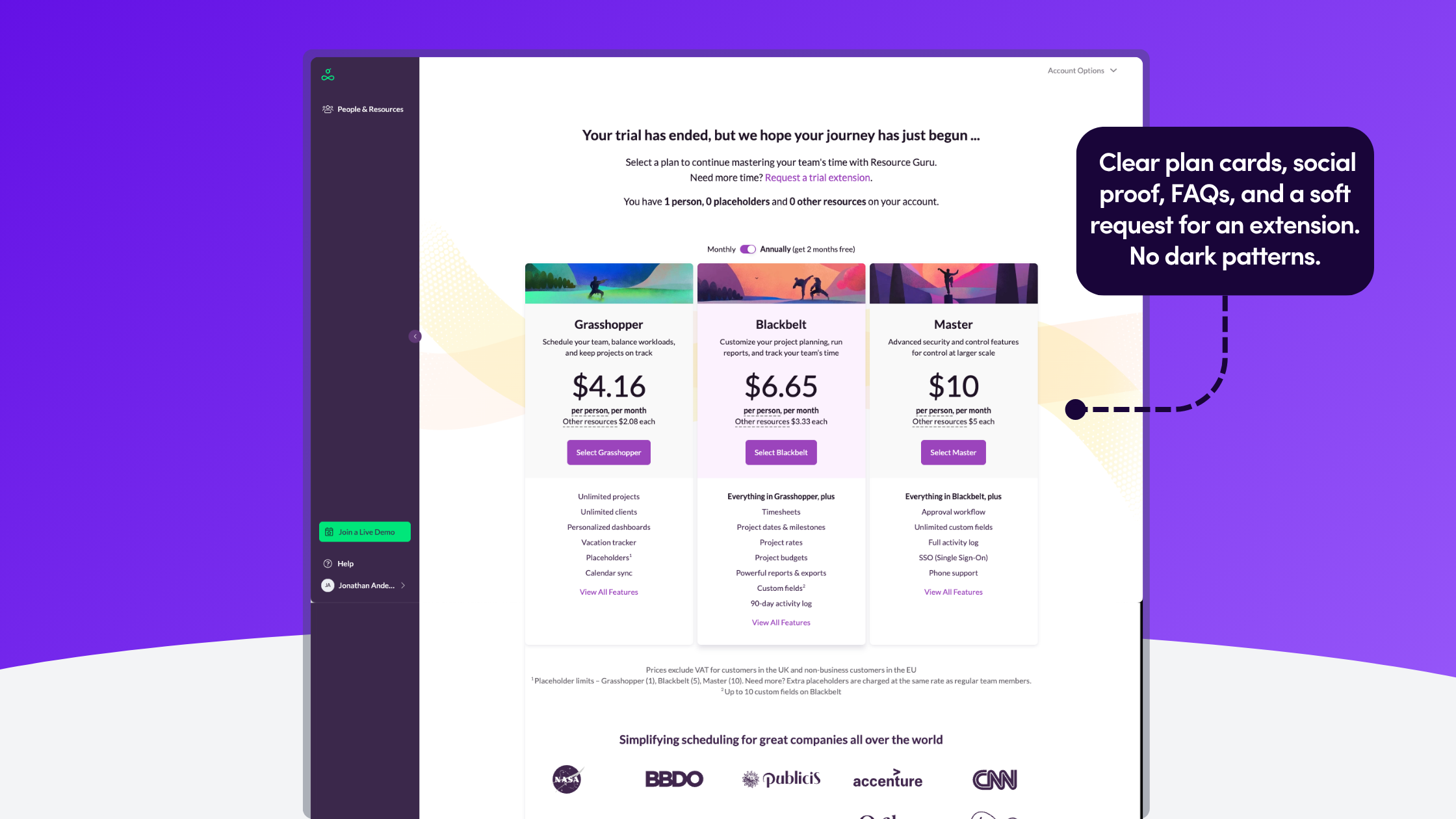 Trial ended screen with three pricing tiers, customer logos, FAQ accordion, and contact action.