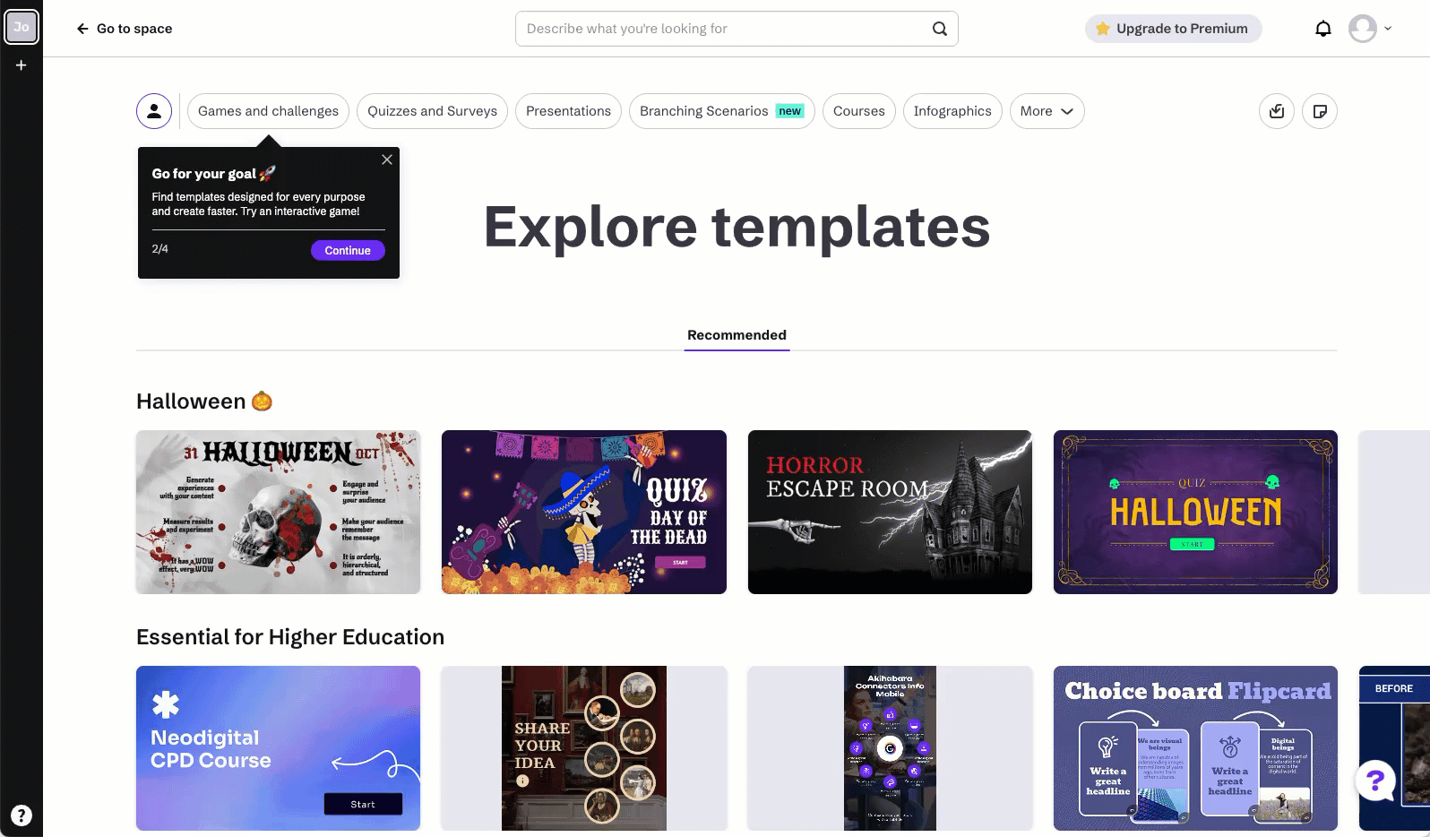 Orientation tour on the Genially dashboard: a tooltip highlights Explore templates with a Continue button, step 2 of 4.