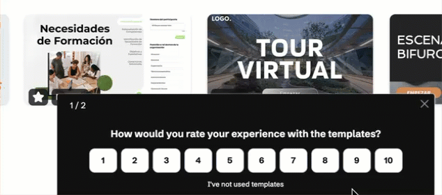 Two-step in-product form, step 1 of 2: a 1–10 rating asking ‘How would you rate your experience with the templates?’ with an ‘I’ve not used templates’ option.