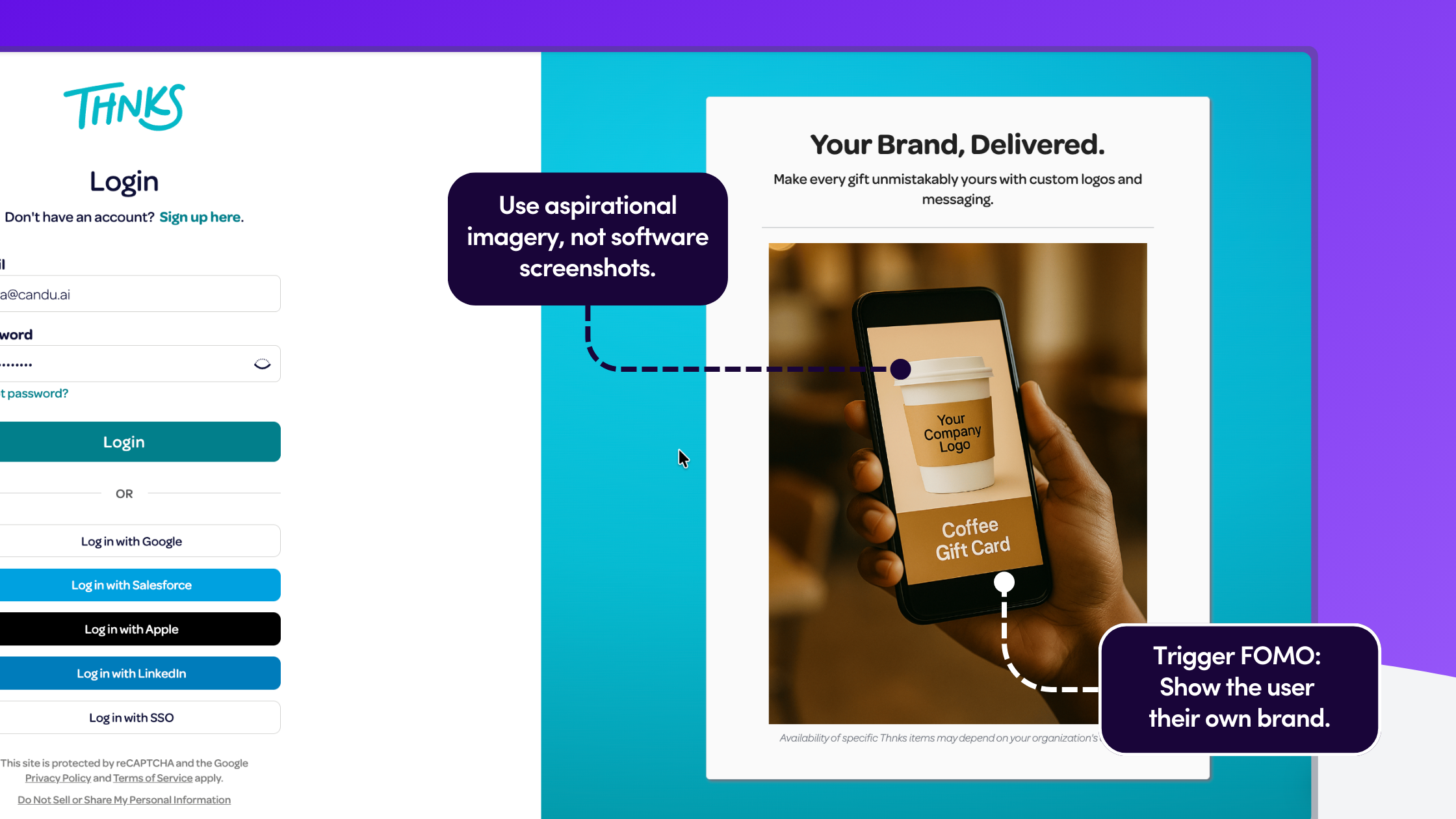 Login page sidebar showing a smartphone displaying a branded coffee gift card with a 'Your Company Logo' placeholder.
