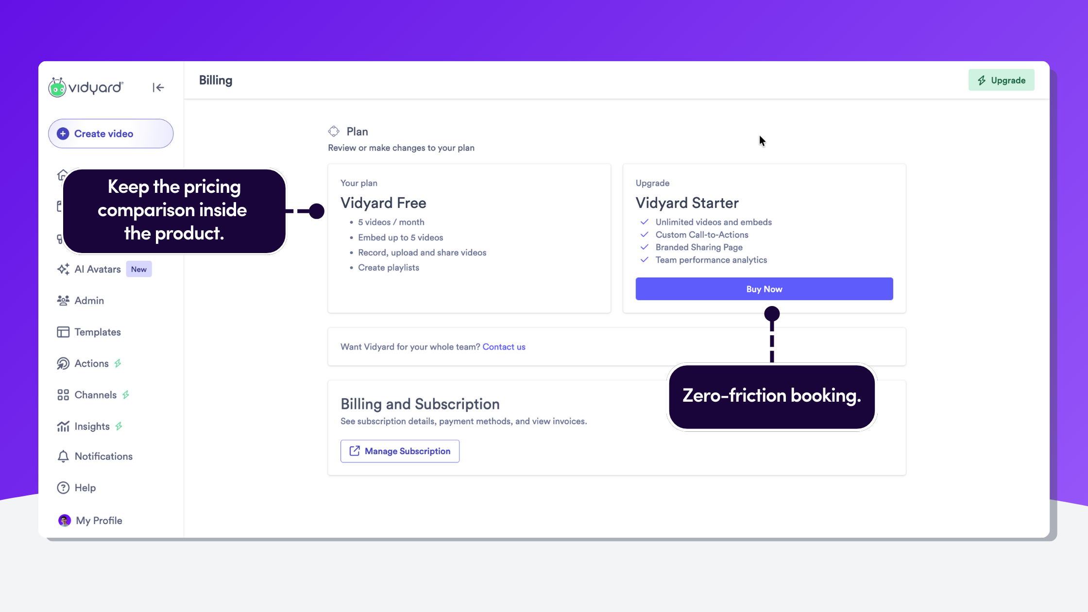 In-app billing page showing a comparison between Free and Starter plans with a clear 'Buy Now' button.