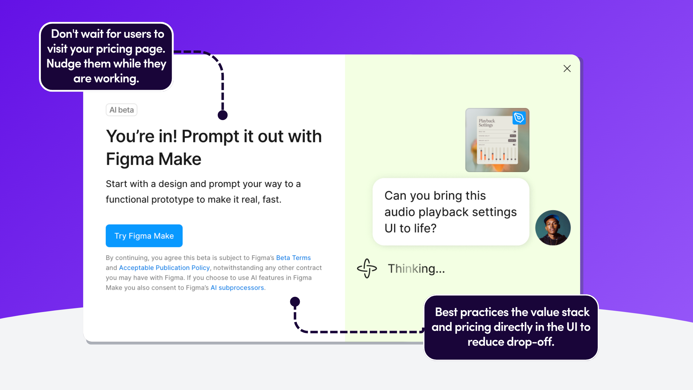 In-app modal showing a comparison of Free vs. Professional features, triggered by a sidebar nudge.