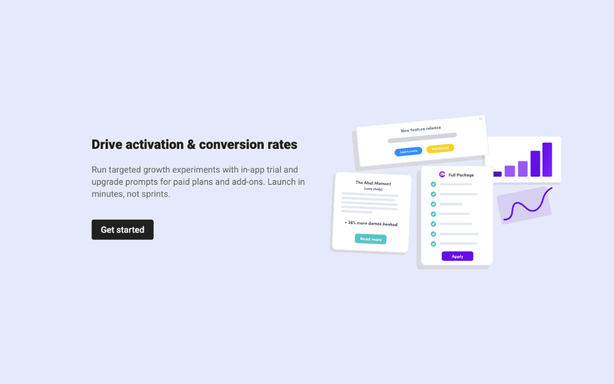 Candu no-code template library showing an AI sales carousel, centered banner, and installation page for SaaS onboarding