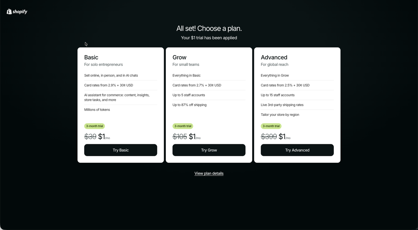 Shopify plan picker with the $1 trial applied