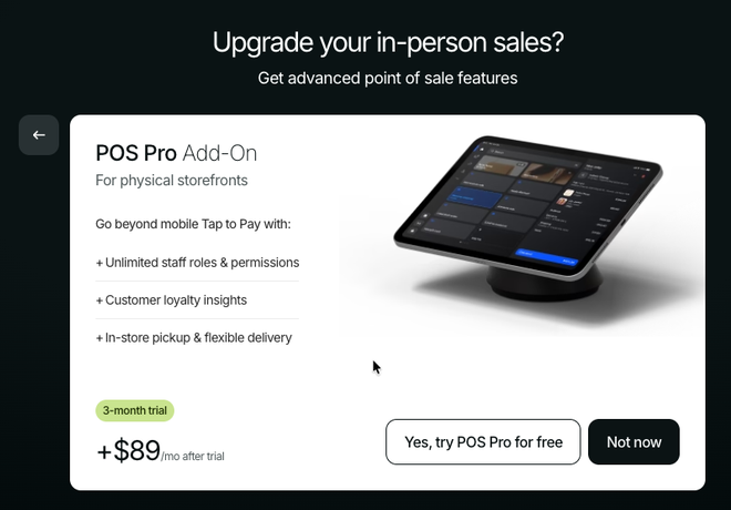 Shopify POS Pro add-on offer with a 3-month trial