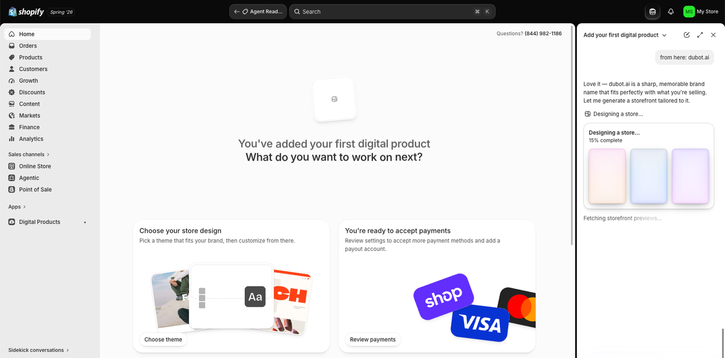 Shopify home page after adding the first digital product